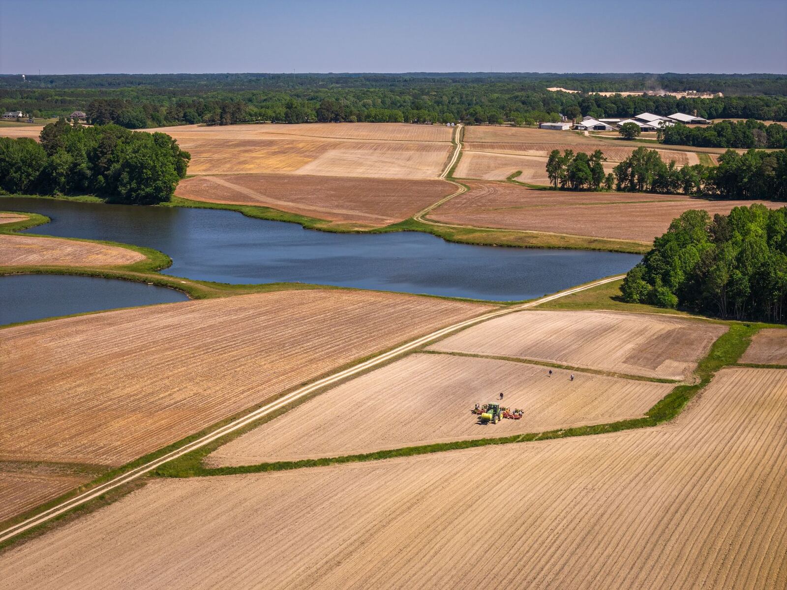 Aerial view of Lowcountry South Carolina farmland with irrigation pond near Clarendon County