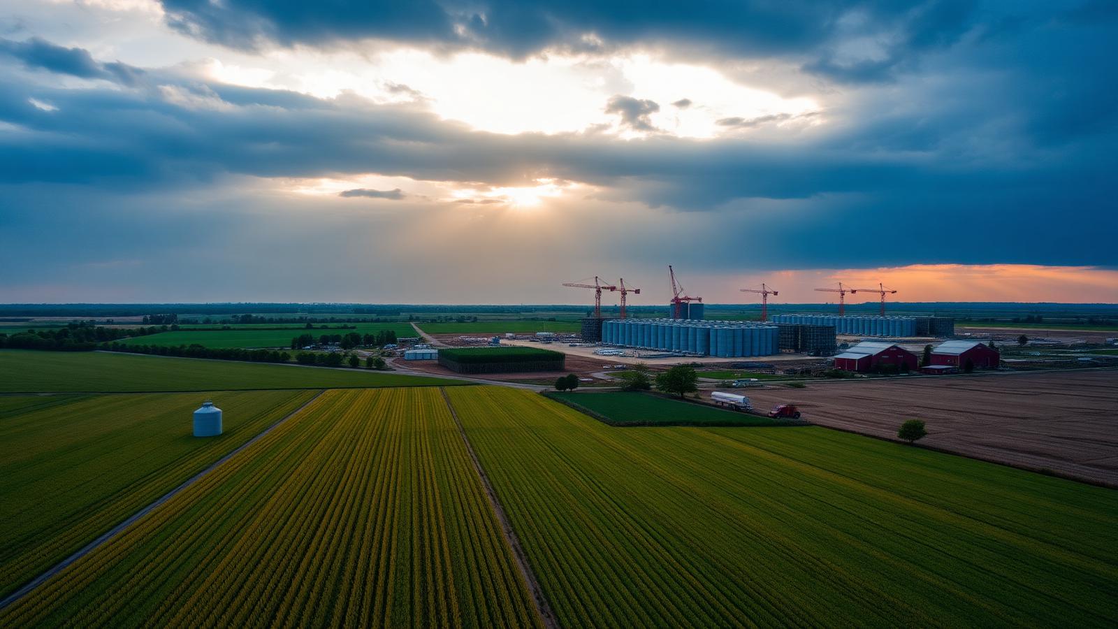 Wisconsin farmland with a data center construction site rising on the horizon at golden hour