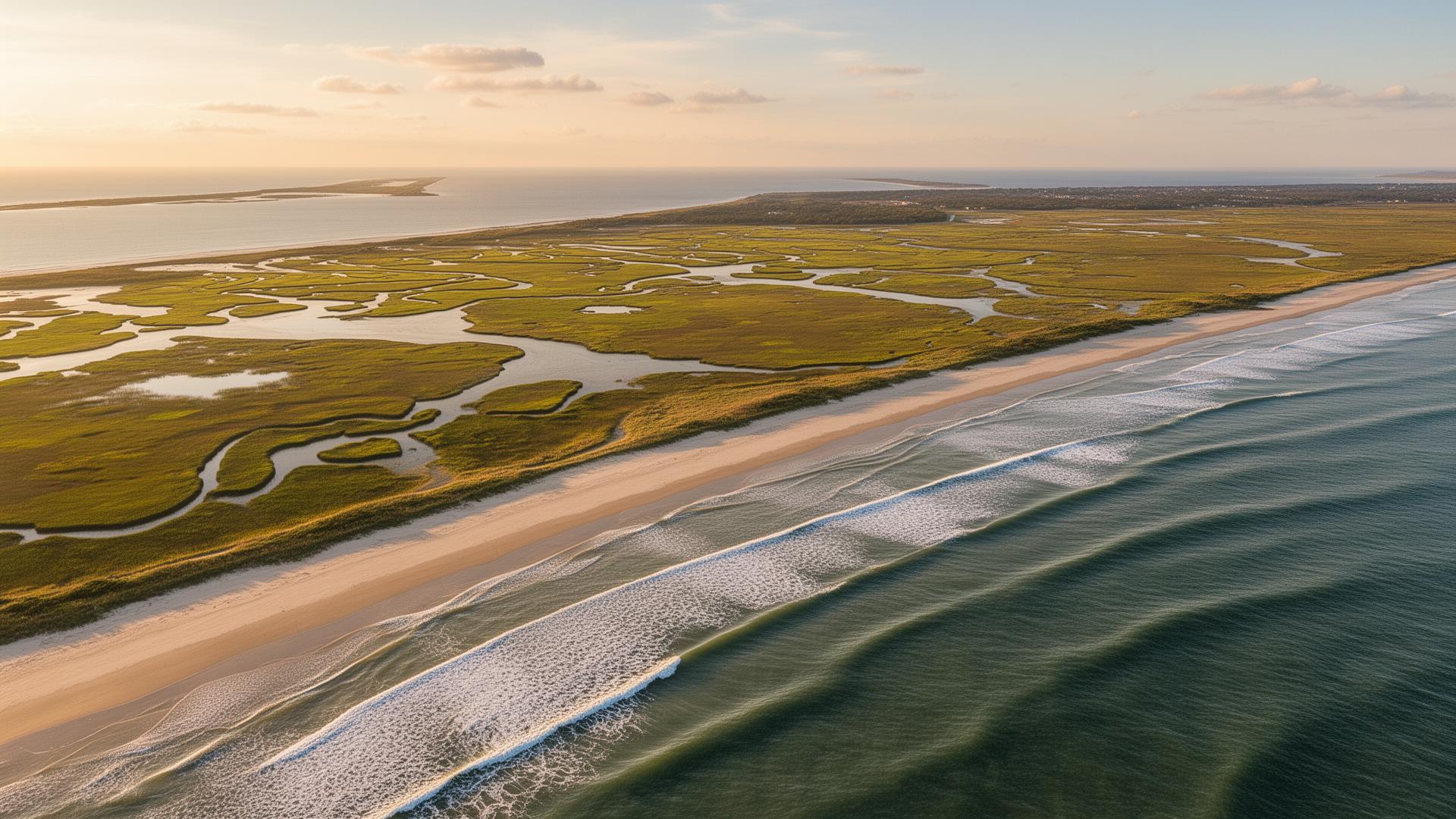 Aerial view of Accomack County Virginia Eastern Shore coastline with barrier islands and salt marshes