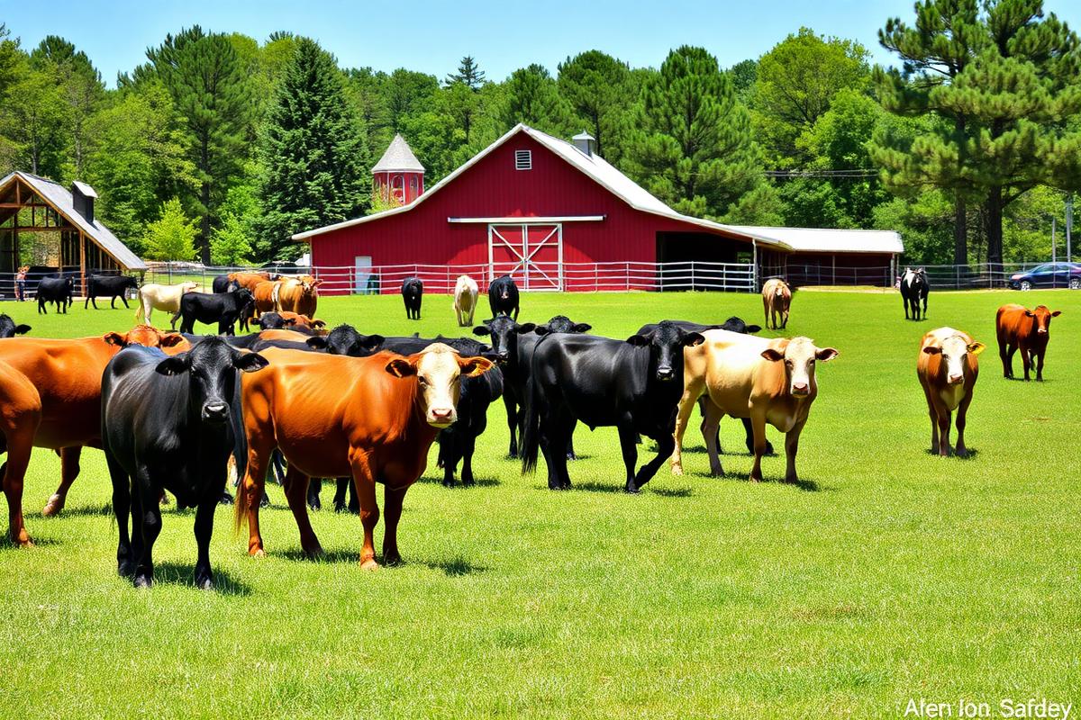Alabama cattle ranch with grazing livestock and red barn