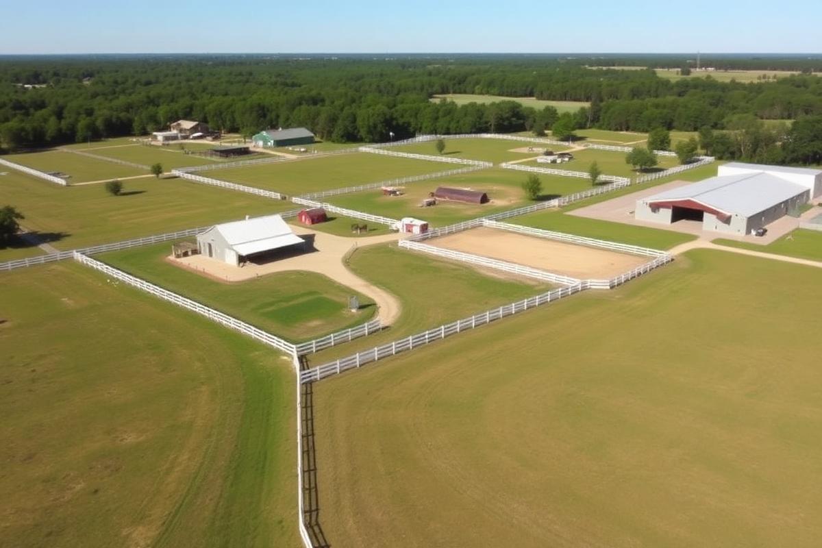Aerial view of Alabama horse ranch with white fencing and stables