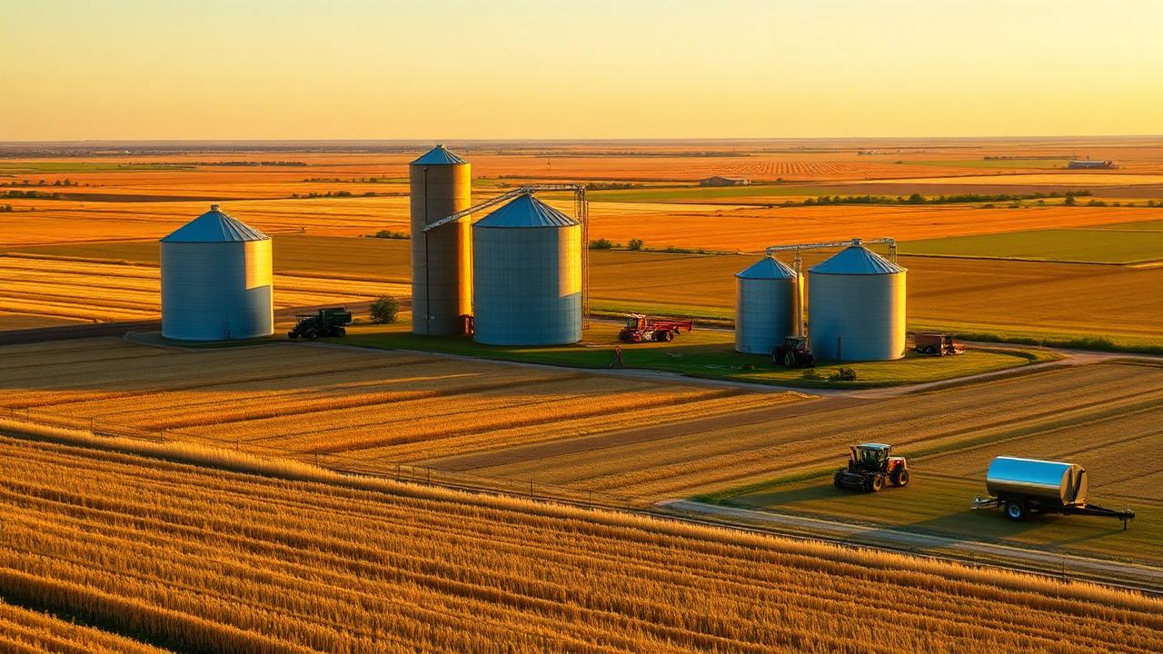 American farmland with grain silos representing agricultural infrastructure protection