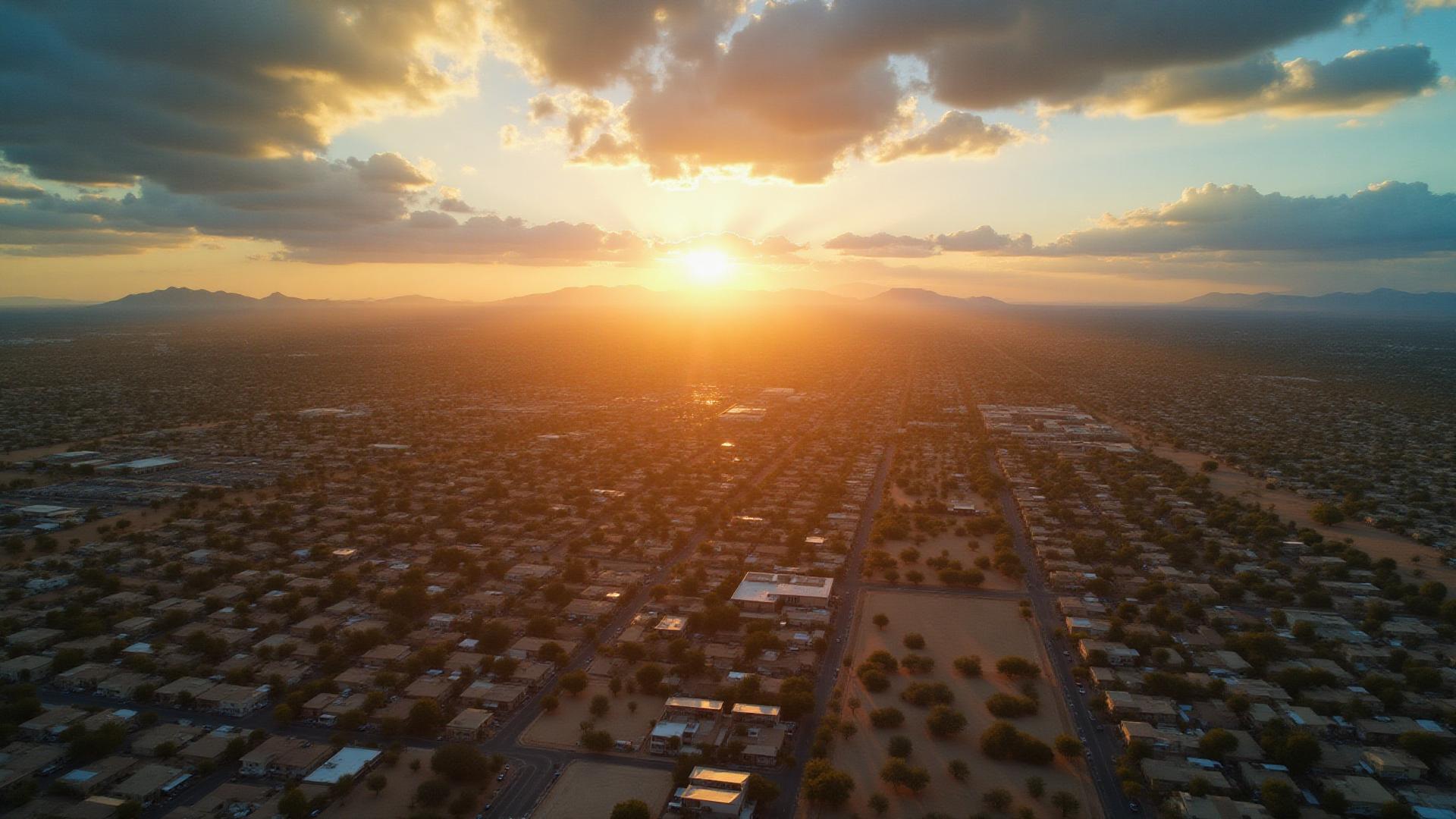Aerial view of Arizona desert land with Phoenix development in the distance
