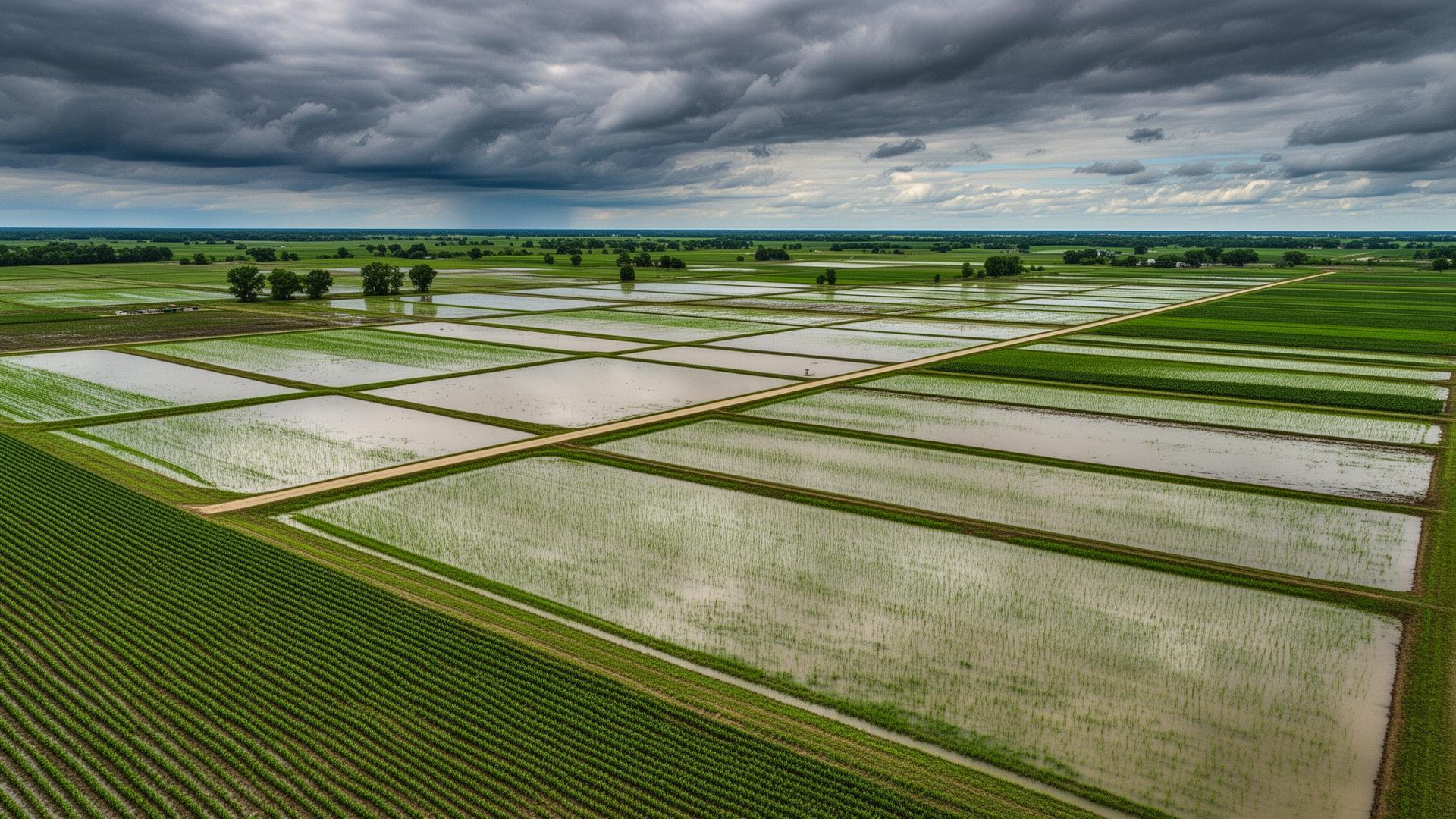 Arkansas Delta farmland showing rice paddies and row crops under overcast skies