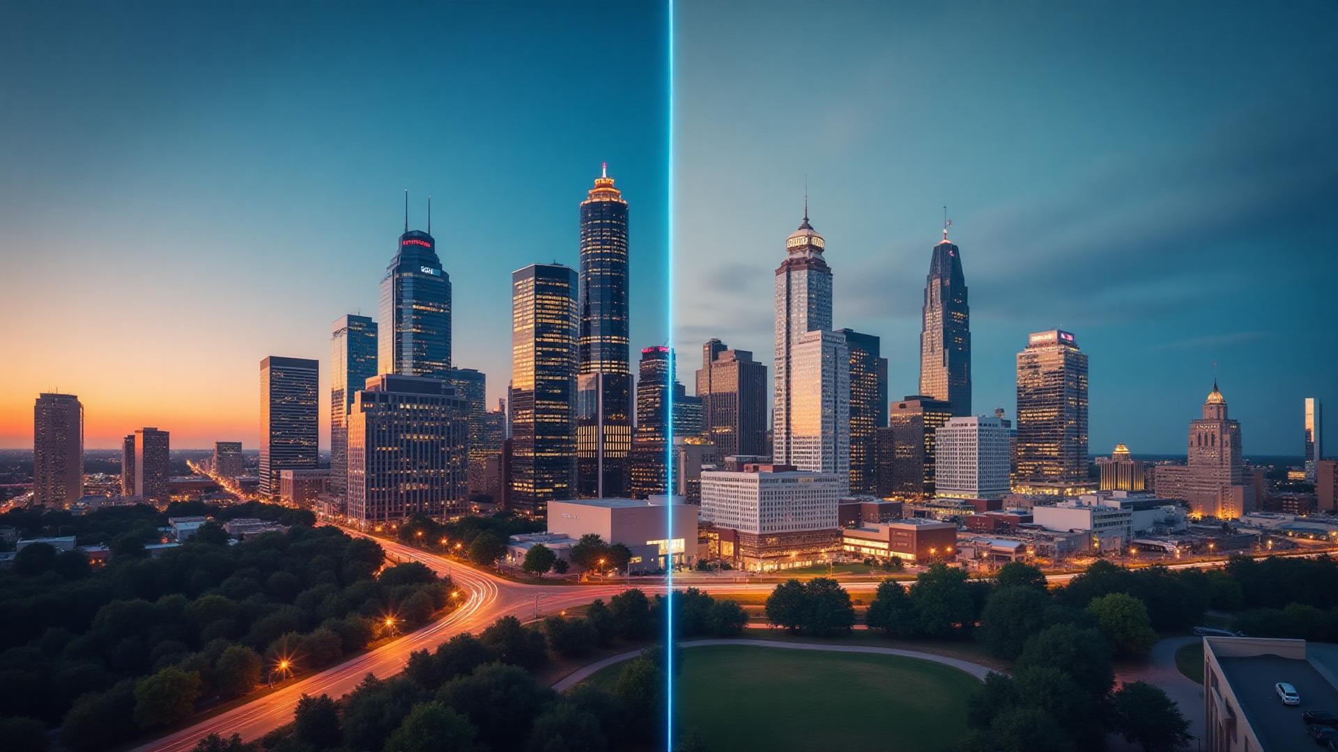 Austin and Nashville skylines split screen comparison