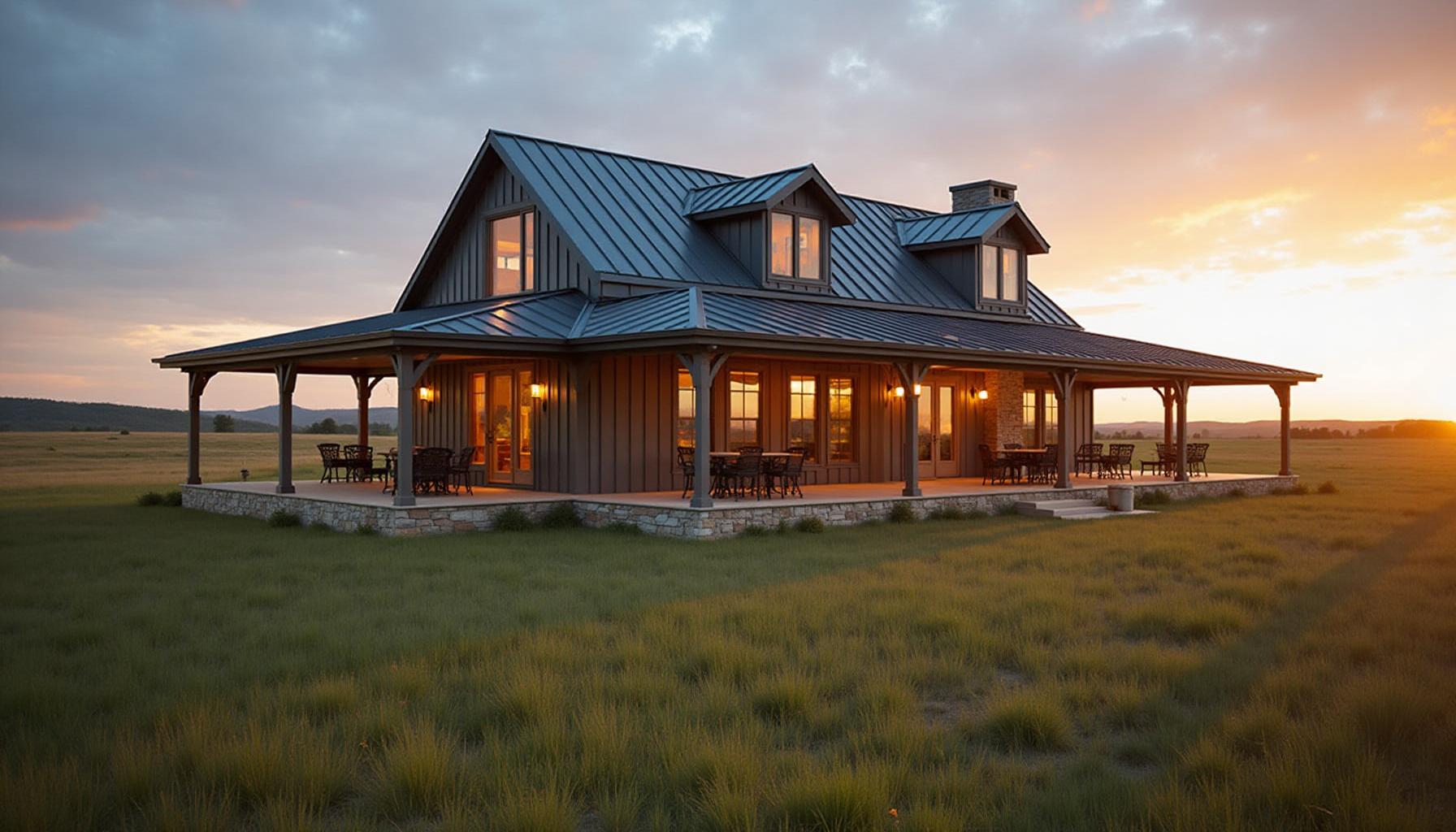 Modern barndominium on rural land at sunset