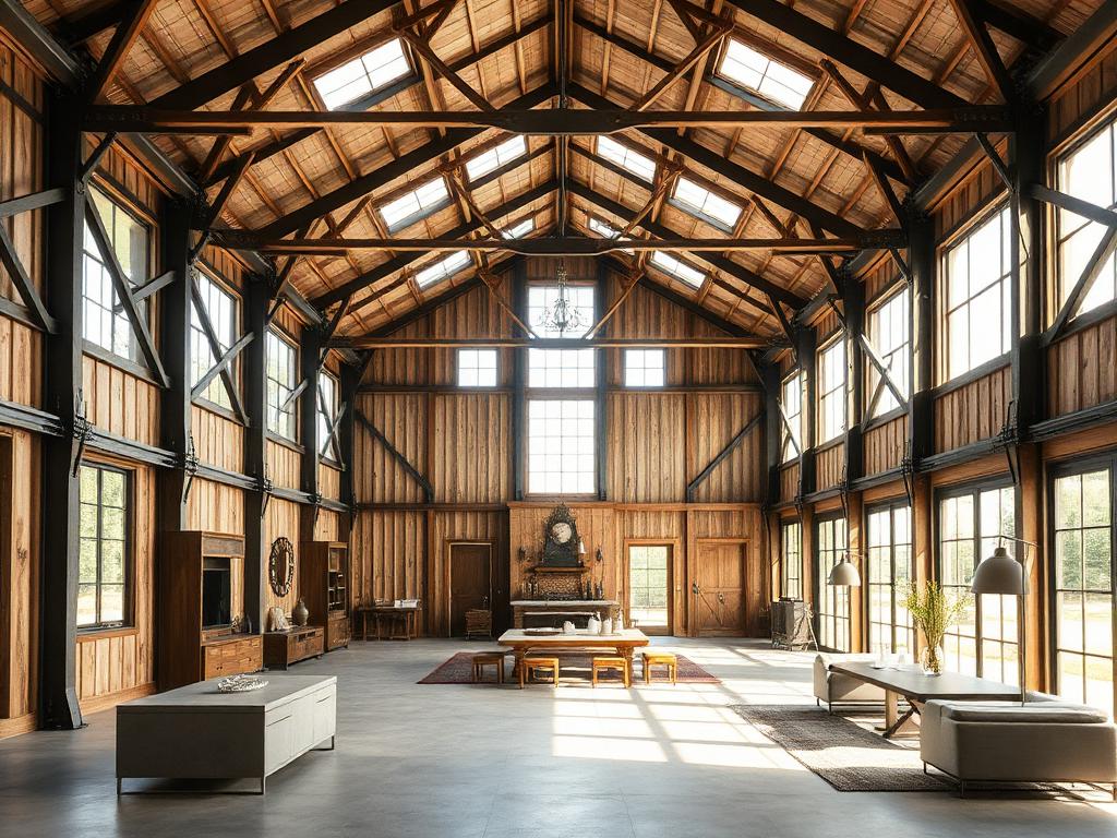 Barndominium interior with exposed beams and open floor plan