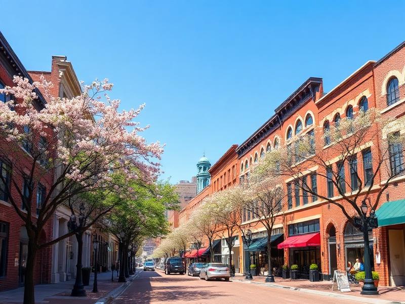 Historic downtown Macon Georgia with cherry blossoms