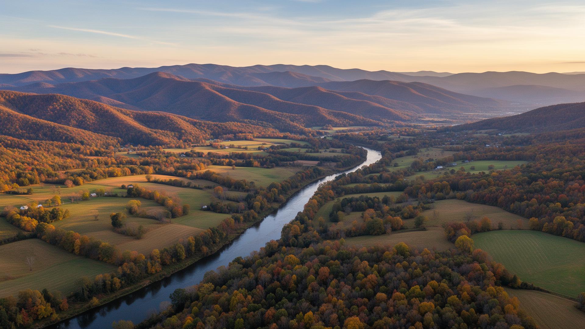 Aerial view of Botetourt County Virginia with James River winding through Blue Ridge valley