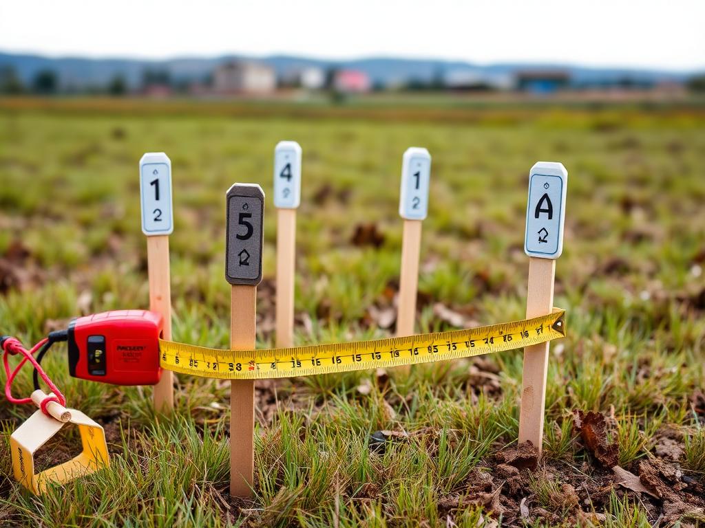 Property boundary markers and stakes in the ground with measuring tape