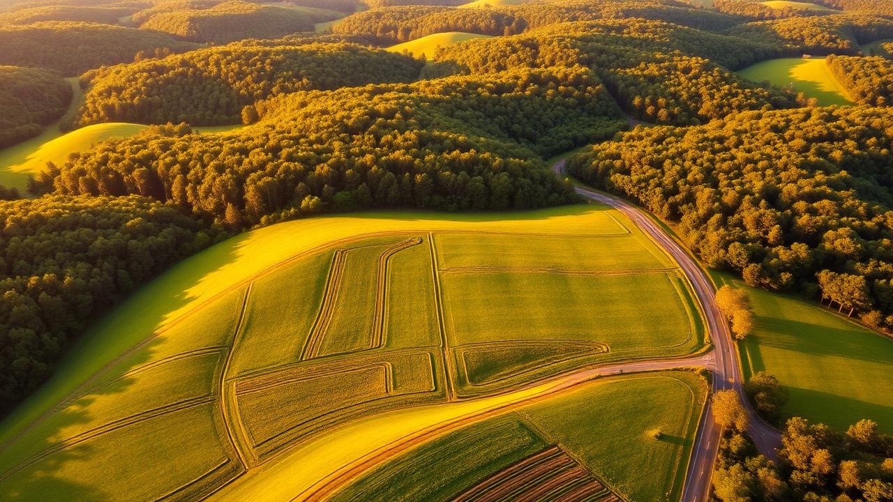 Aerial view of Butler County Alabama farmland and rolling hills