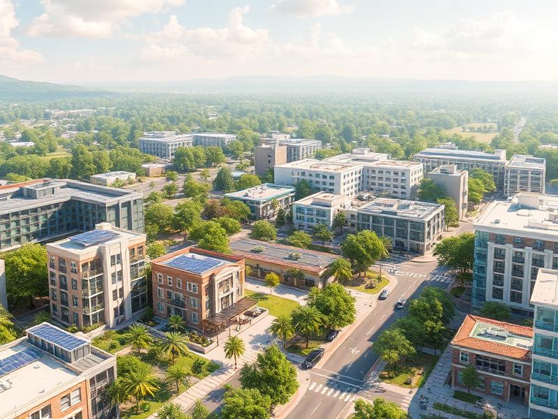 Concept rendering of sustainable city development with green spaces and mixed-use buildings