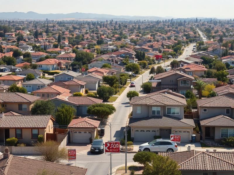 California suburban housing development showing density and for sale signs
