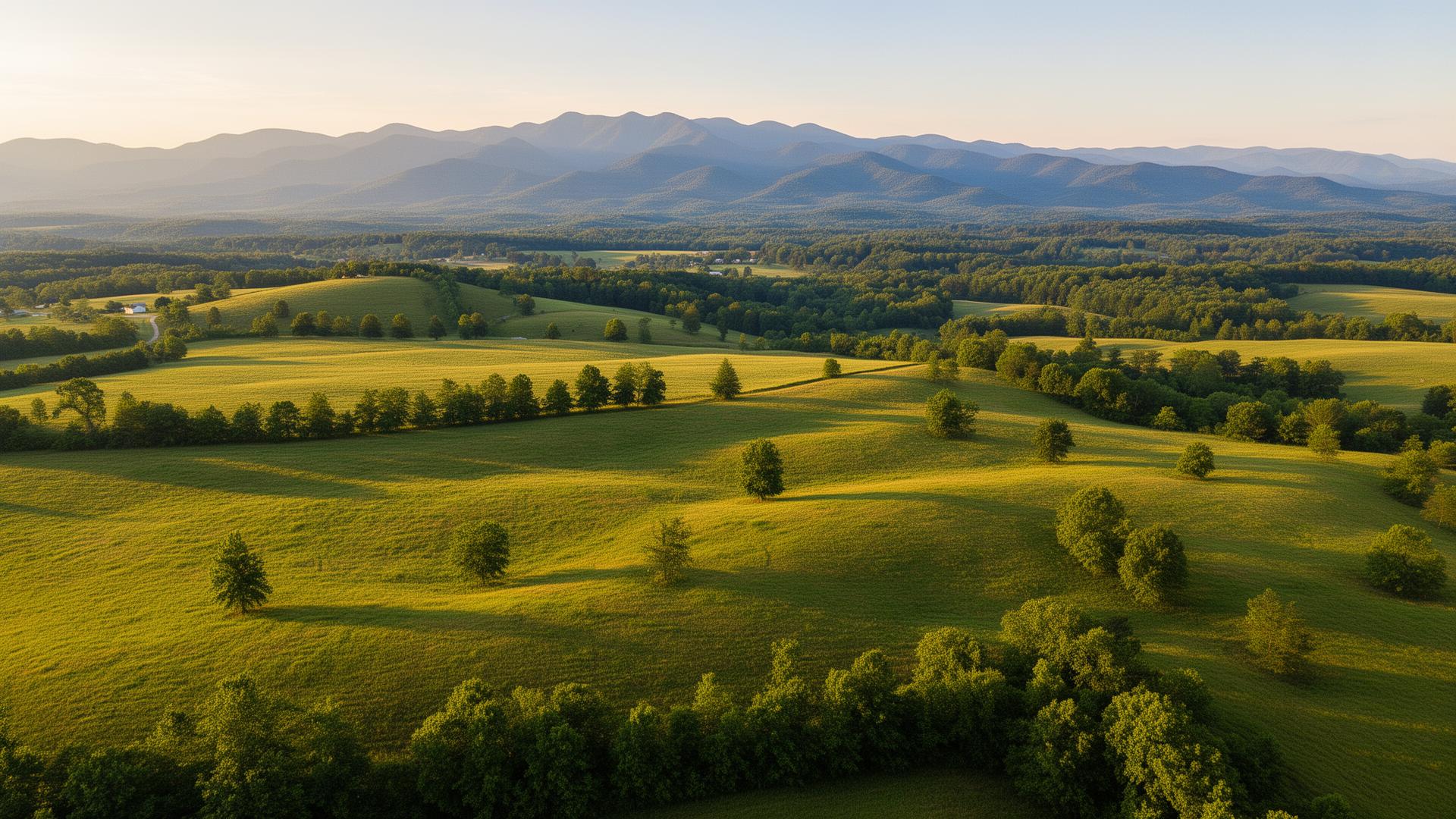 Rolling farmland in Catawba County, North Carolina with Blue Ridge Mountains in distance