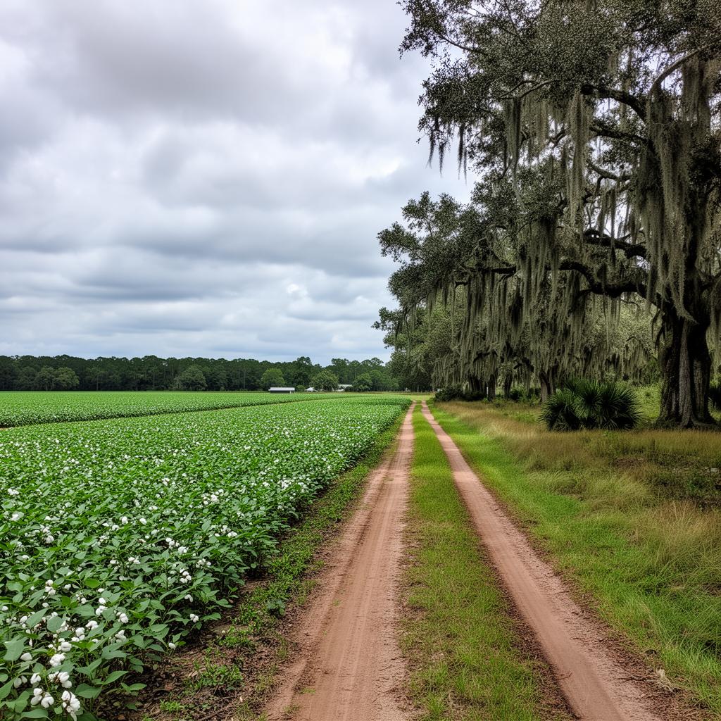 Rural farmland with Spanish moss oak trees in Clarendon County, South Carolina
