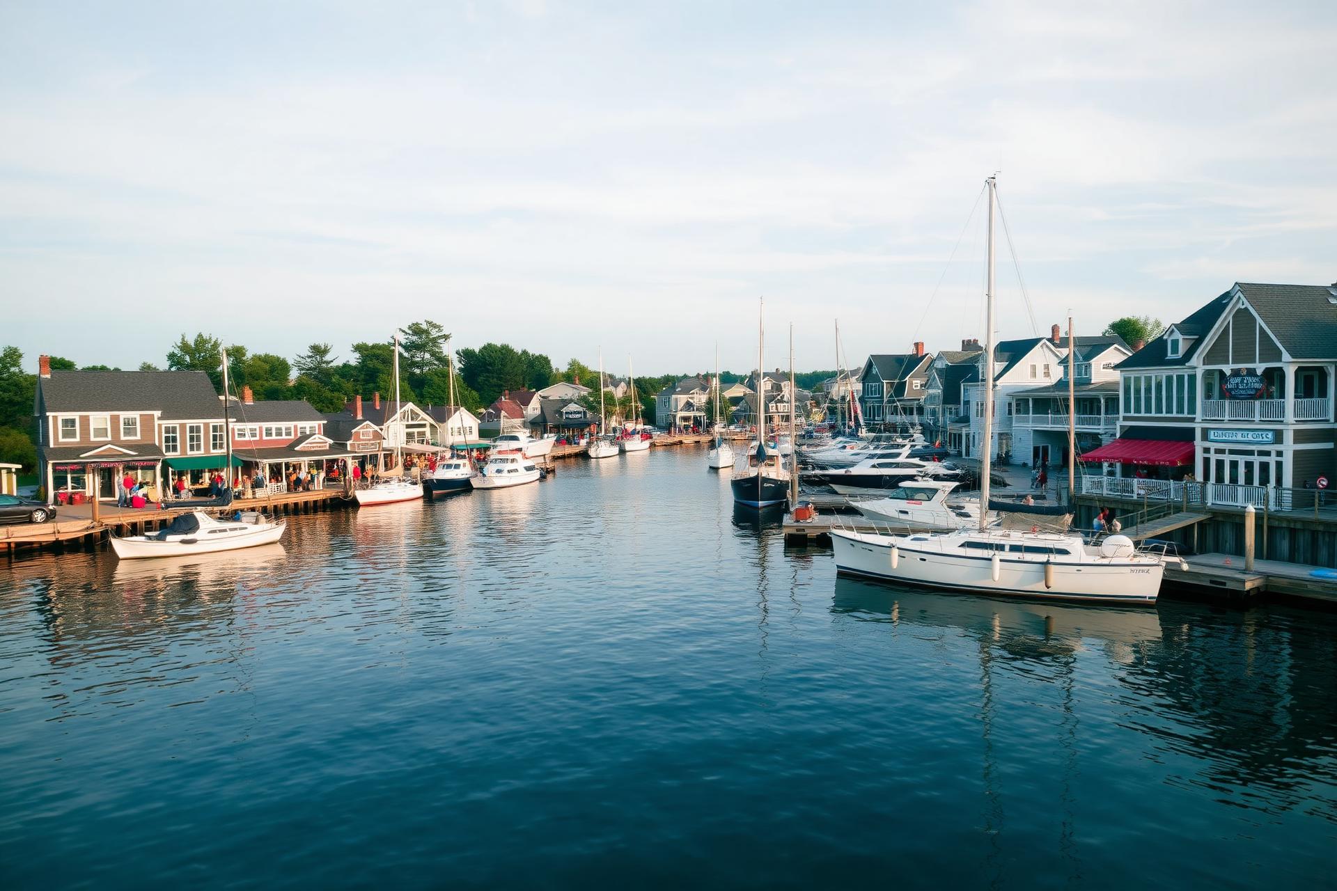 Wealthy coastal New England harbor town with boats and upscale shops