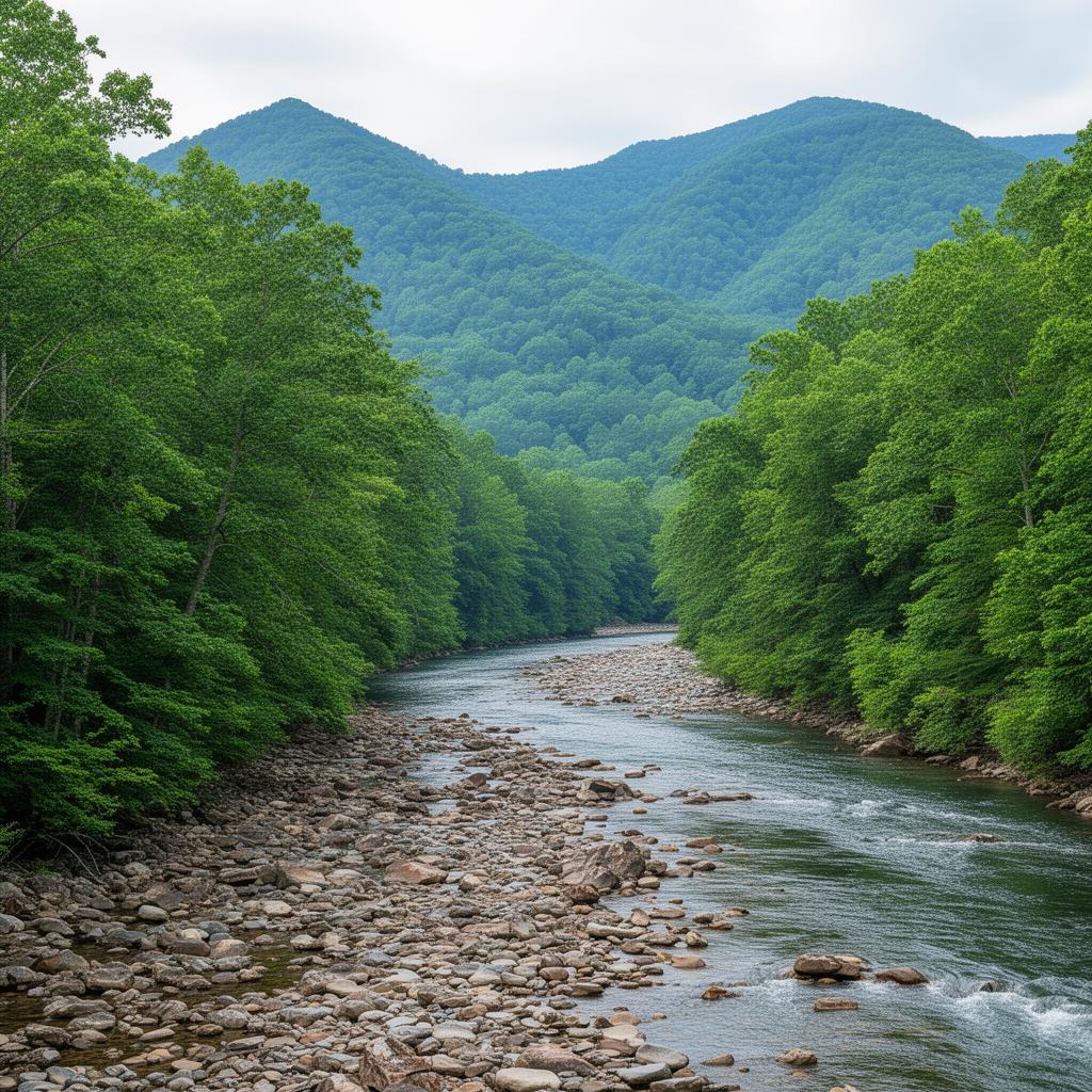 French Broad River flowing through forested Appalachian valley