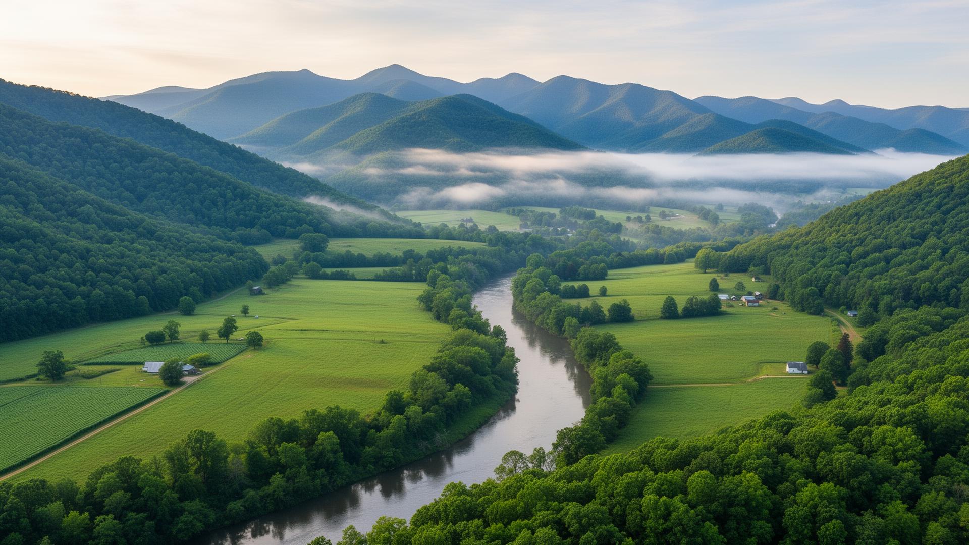 Scenic mountain valley farmland in Cocke County Tennessee with French Broad River