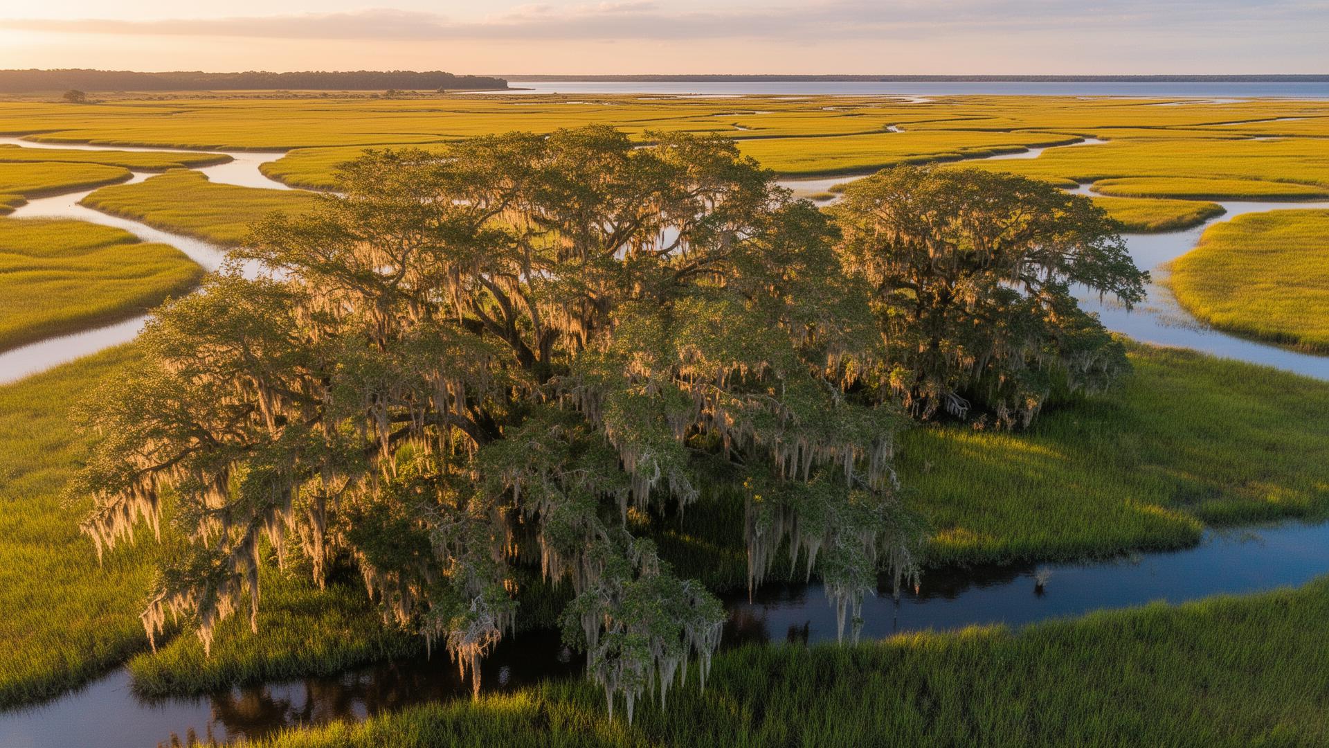 Lowcountry marsh landscape with live oaks in Colleton County, South Carolina