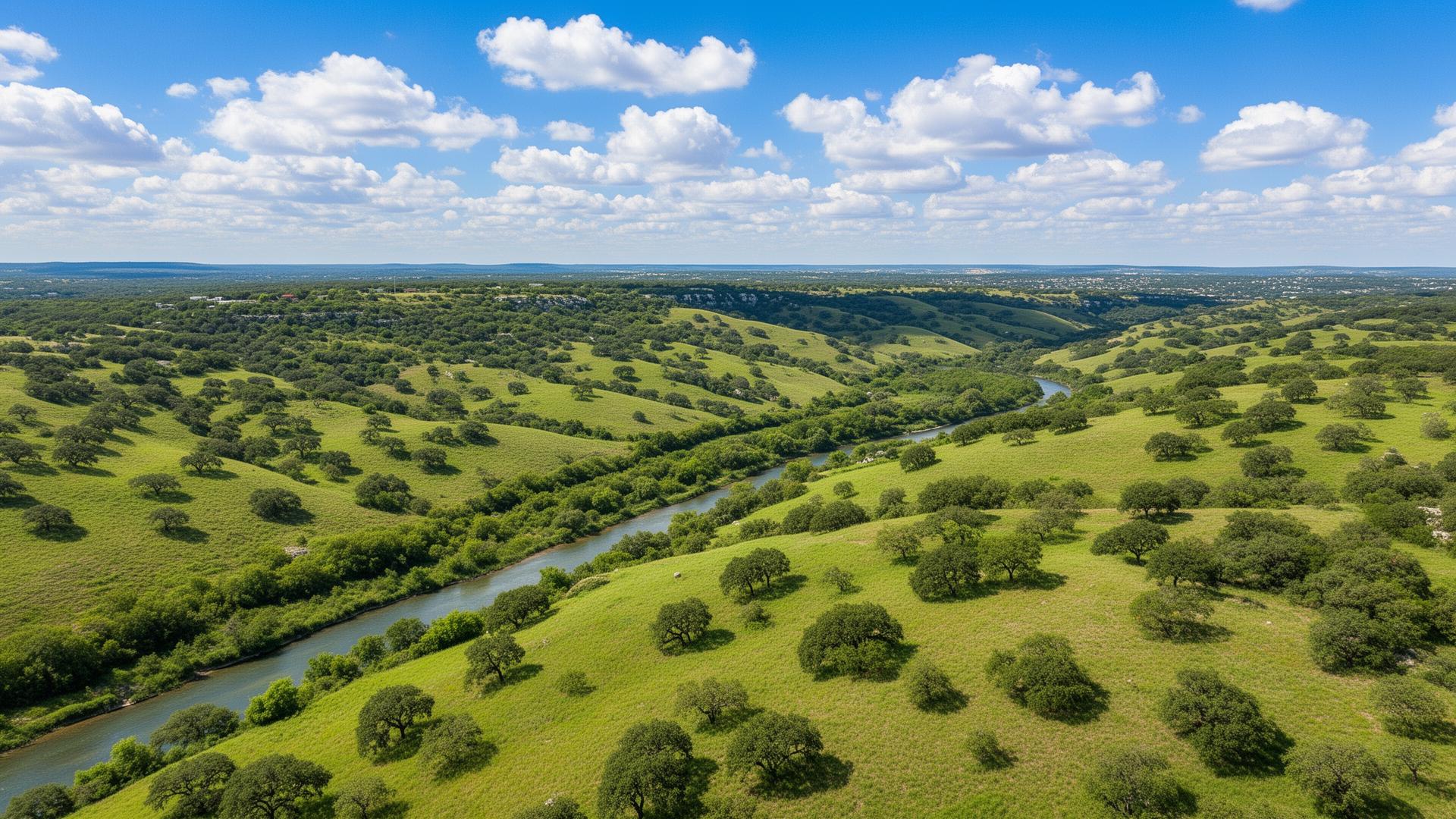 Comal County Texas Hill Country landscape with rolling hills and Guadalupe River