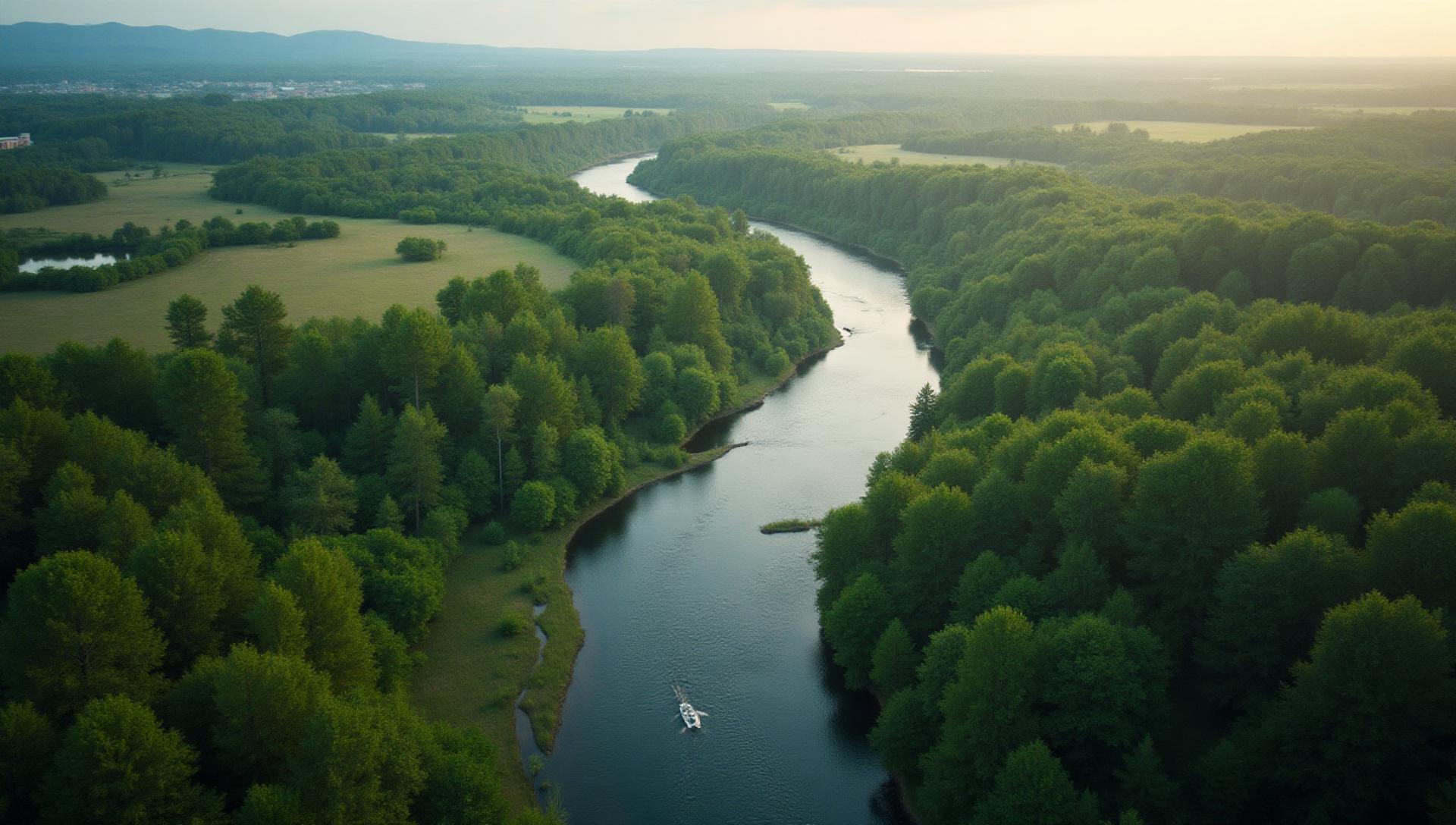 Aerial view of protected conservation land with winding river through pristine forest