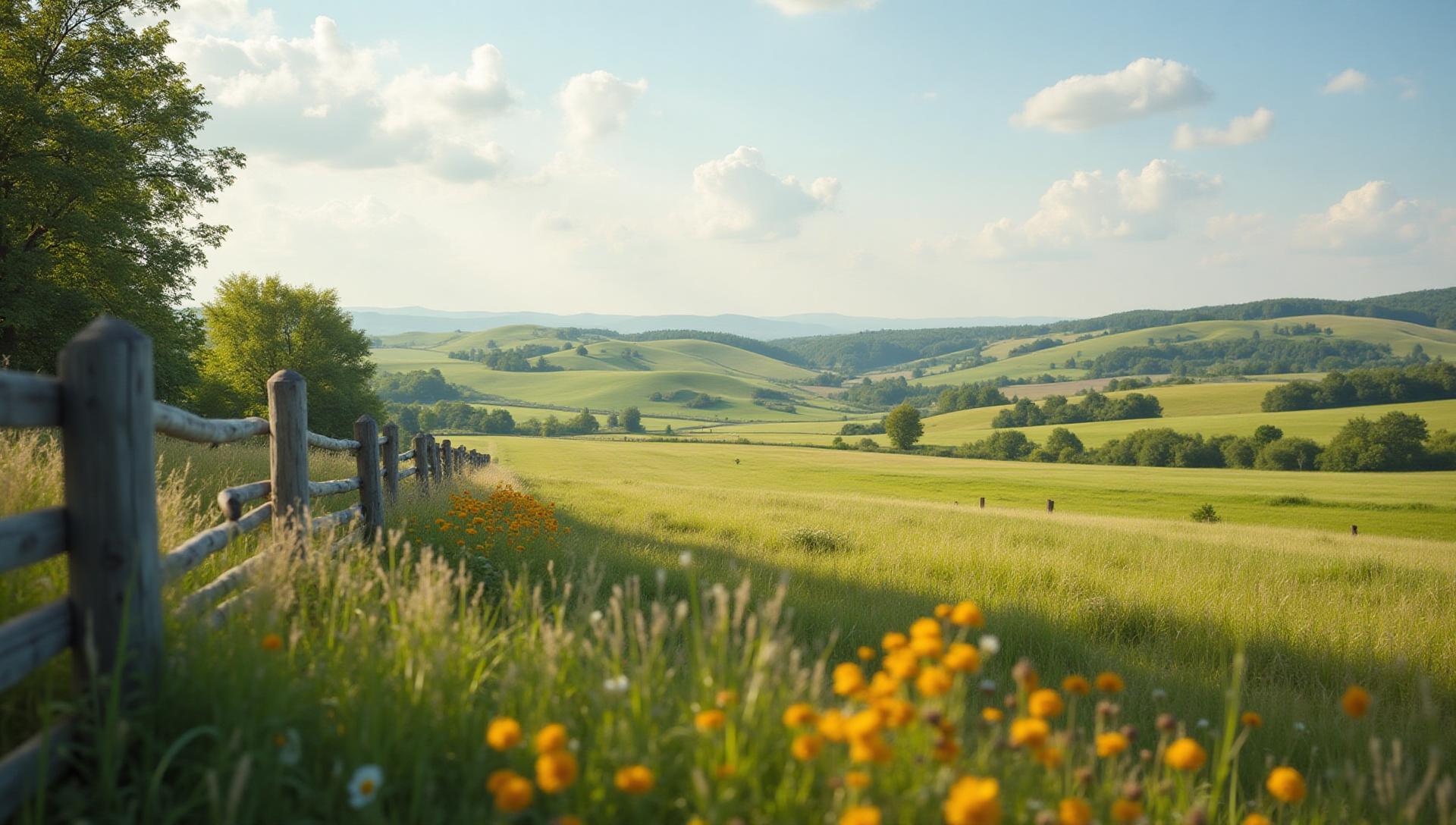 Peaceful rural farmland with rolling hills and wildflowers showing agricultural conservation