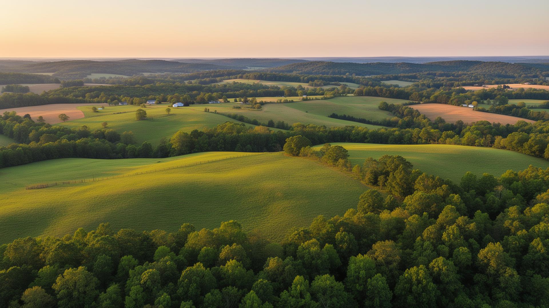 Rolling hills and farmland in Coweta County, Georgia