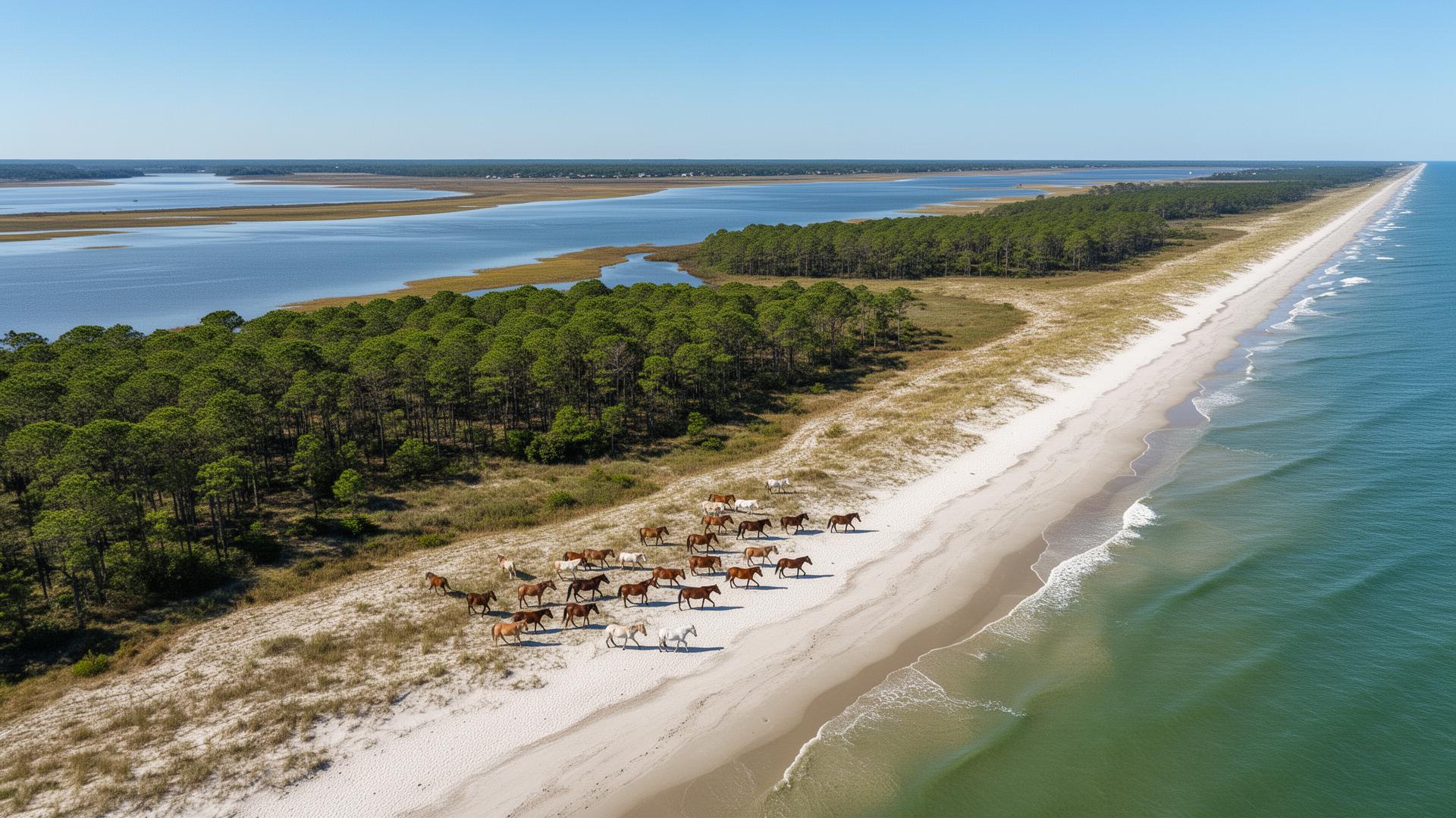 Currituck County coastline with wild horses
