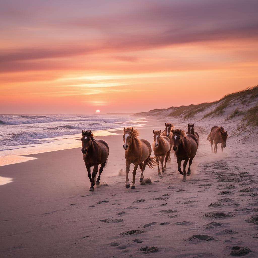 Wild horses running on Currituck beach
