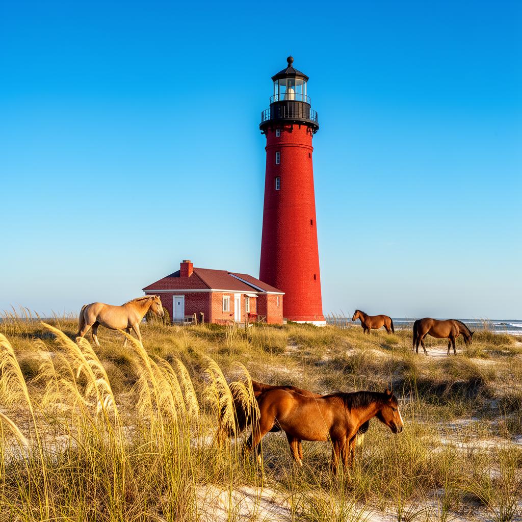 Currituck Beach Lighthouse with wild horses