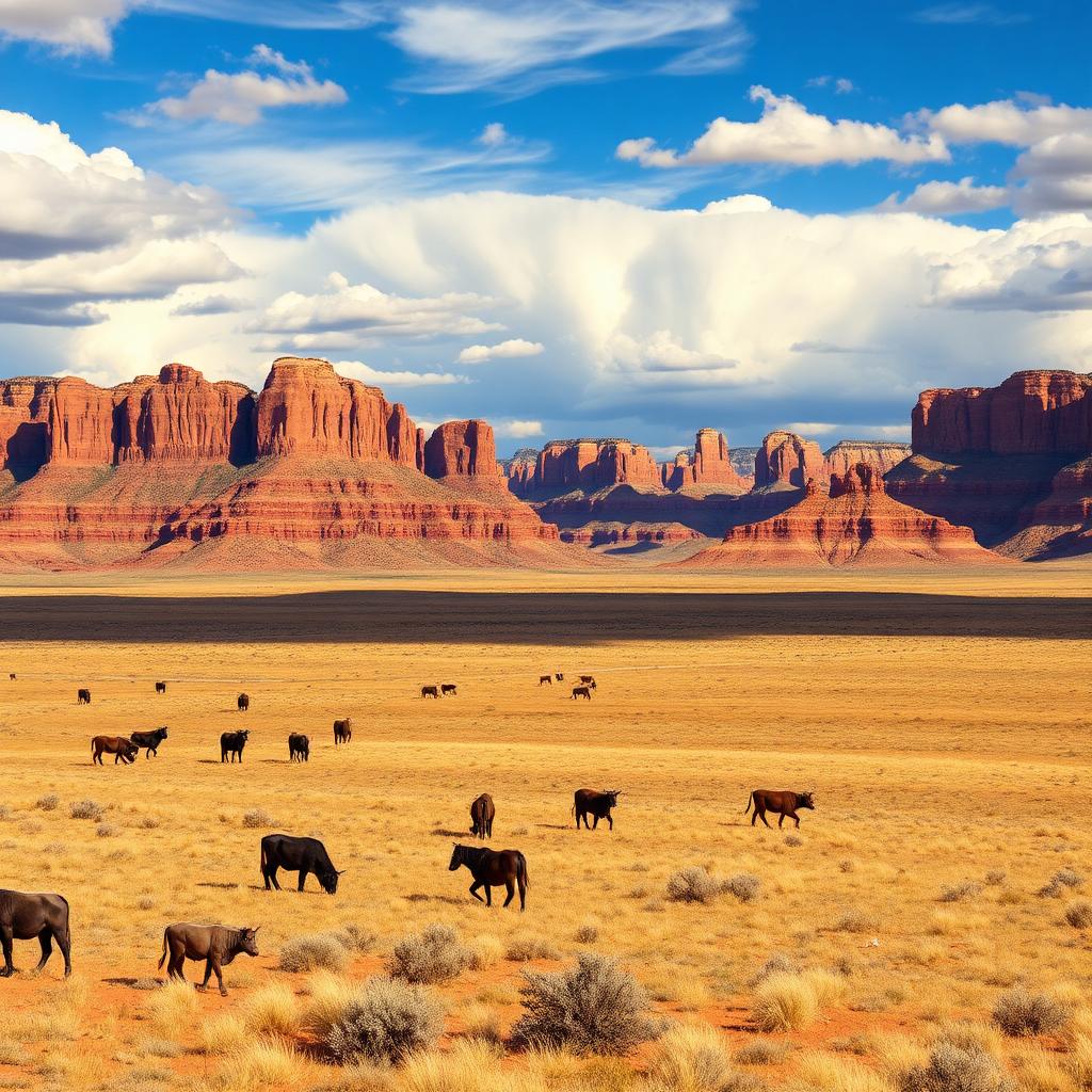 Cattle grazing on vast Arizona rangeland with red rock formations