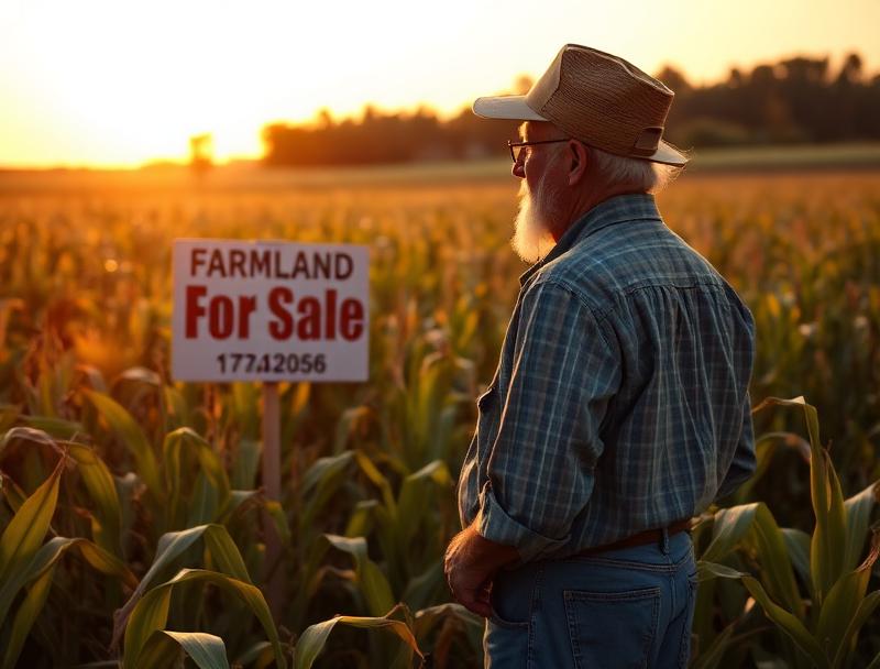 Farmer looking at for sale sign in cornfield