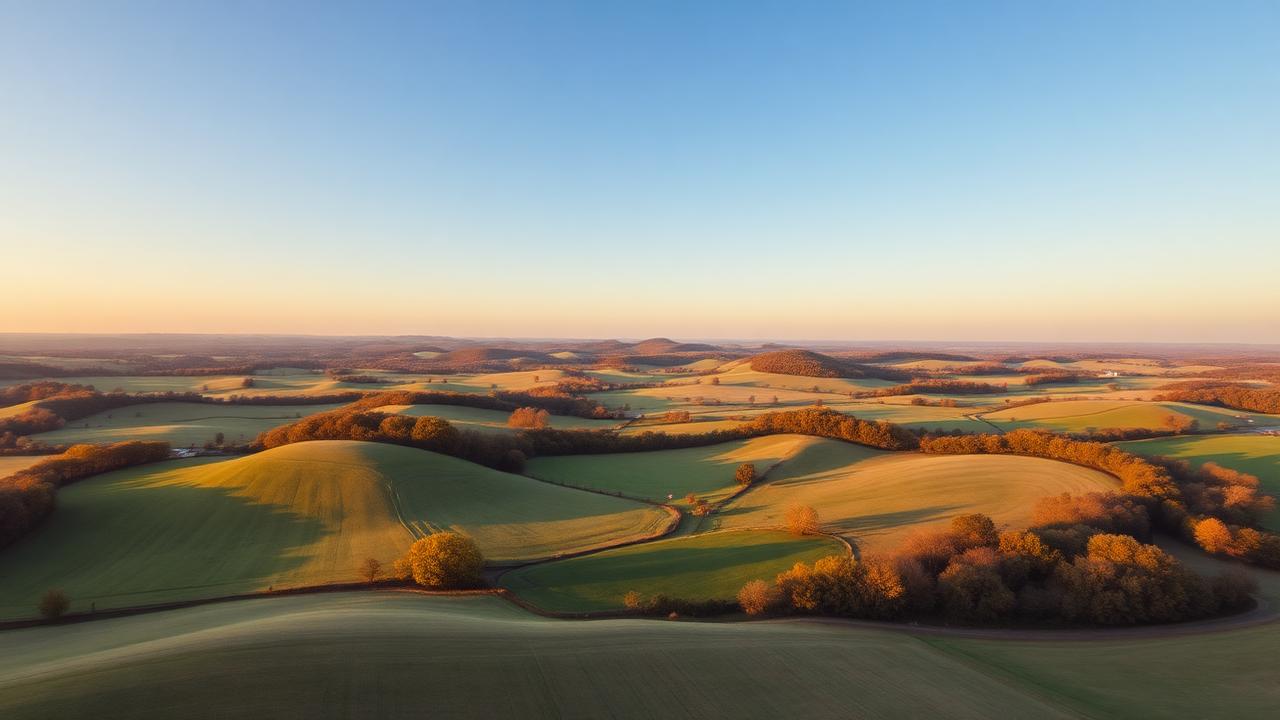 Rolling hills and farmland in Faulkner County, Arkansas