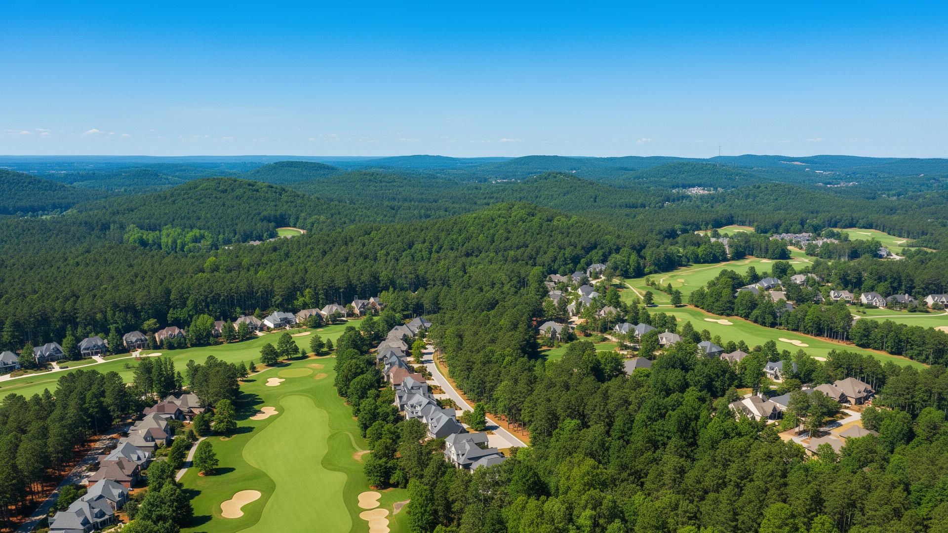 Aerial view of Fayette County Georgia with golf courses and pine forests