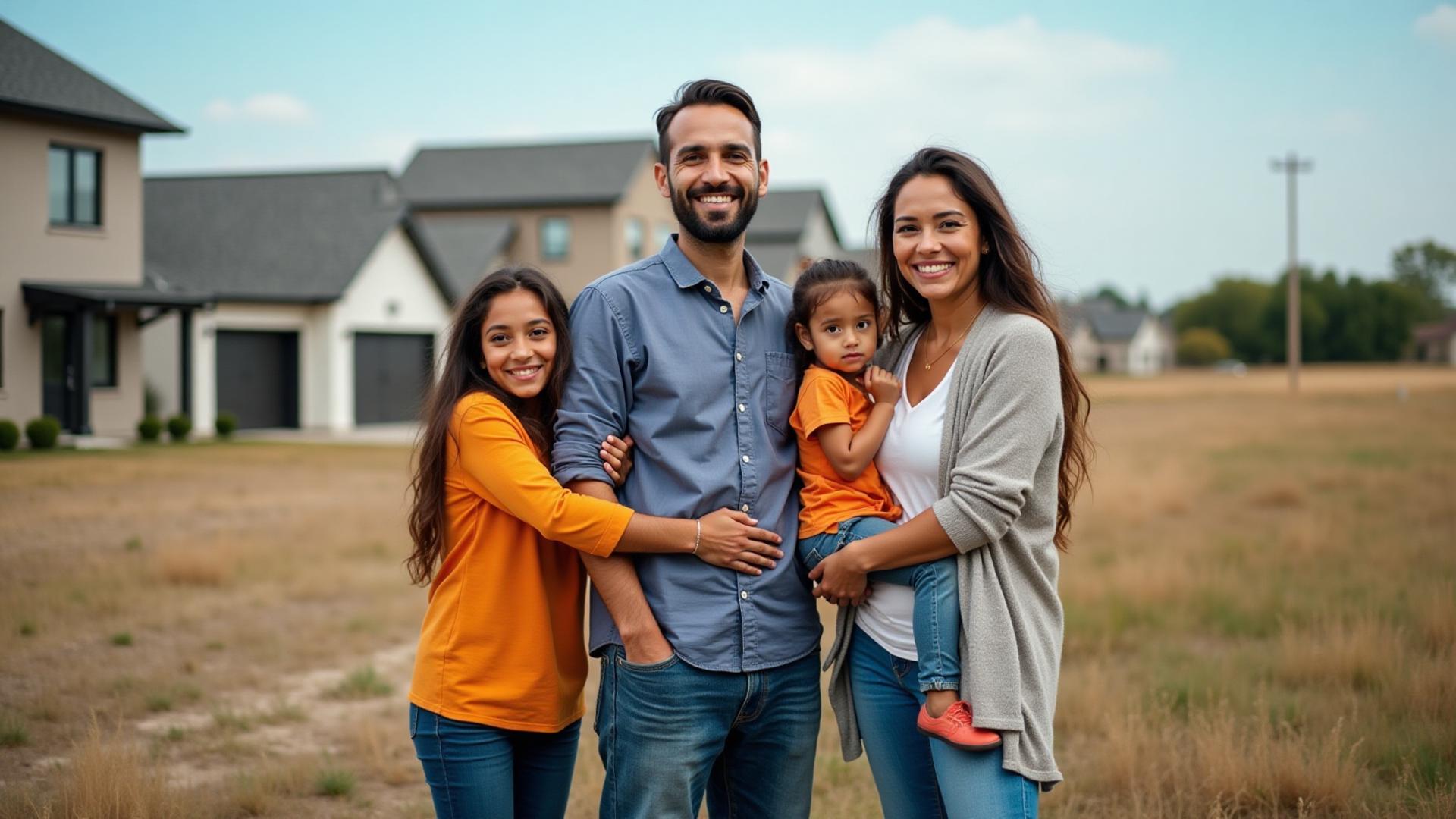 Diverse families standing in front of new affordable homes with open land in background
