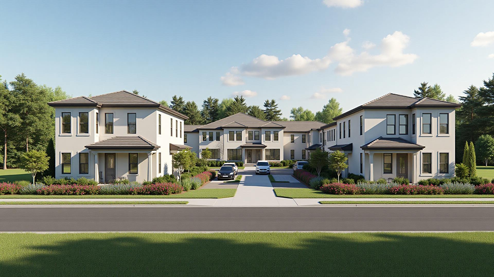 Modern affordable housing development with townhomes and community spaces
