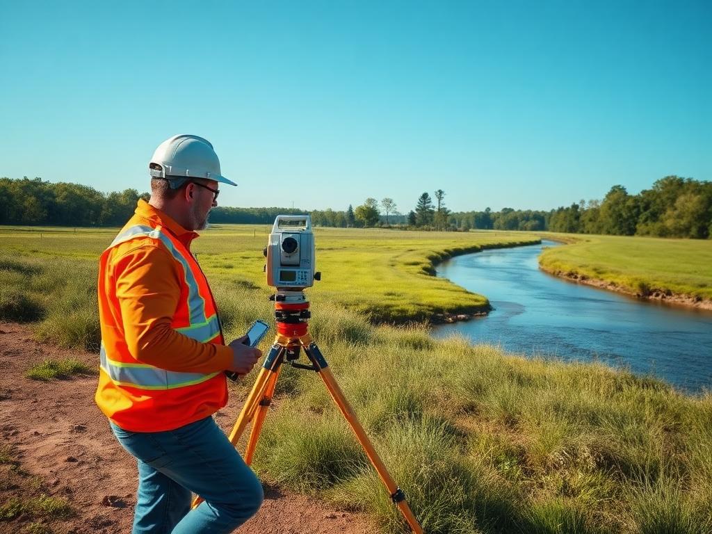 Land surveyor checking property elevation near river