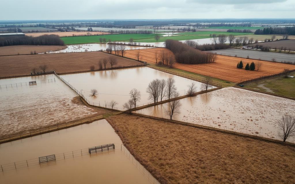 Aerial view of flooded rural land with standing water