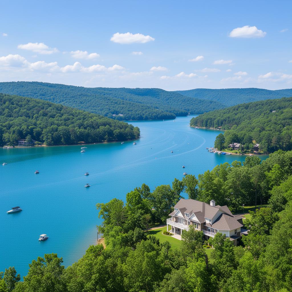 Tims Ford Lake with boats and forested shoreline in Franklin County Tennessee