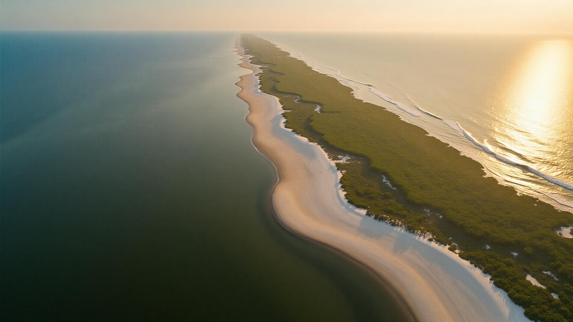 Galveston County Texas coastline aerial view with beaches and wetlands