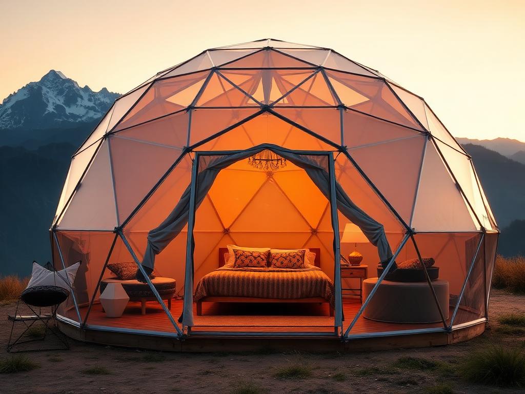 Modern geodesic dome glamping structure with transparent panels and mountain views