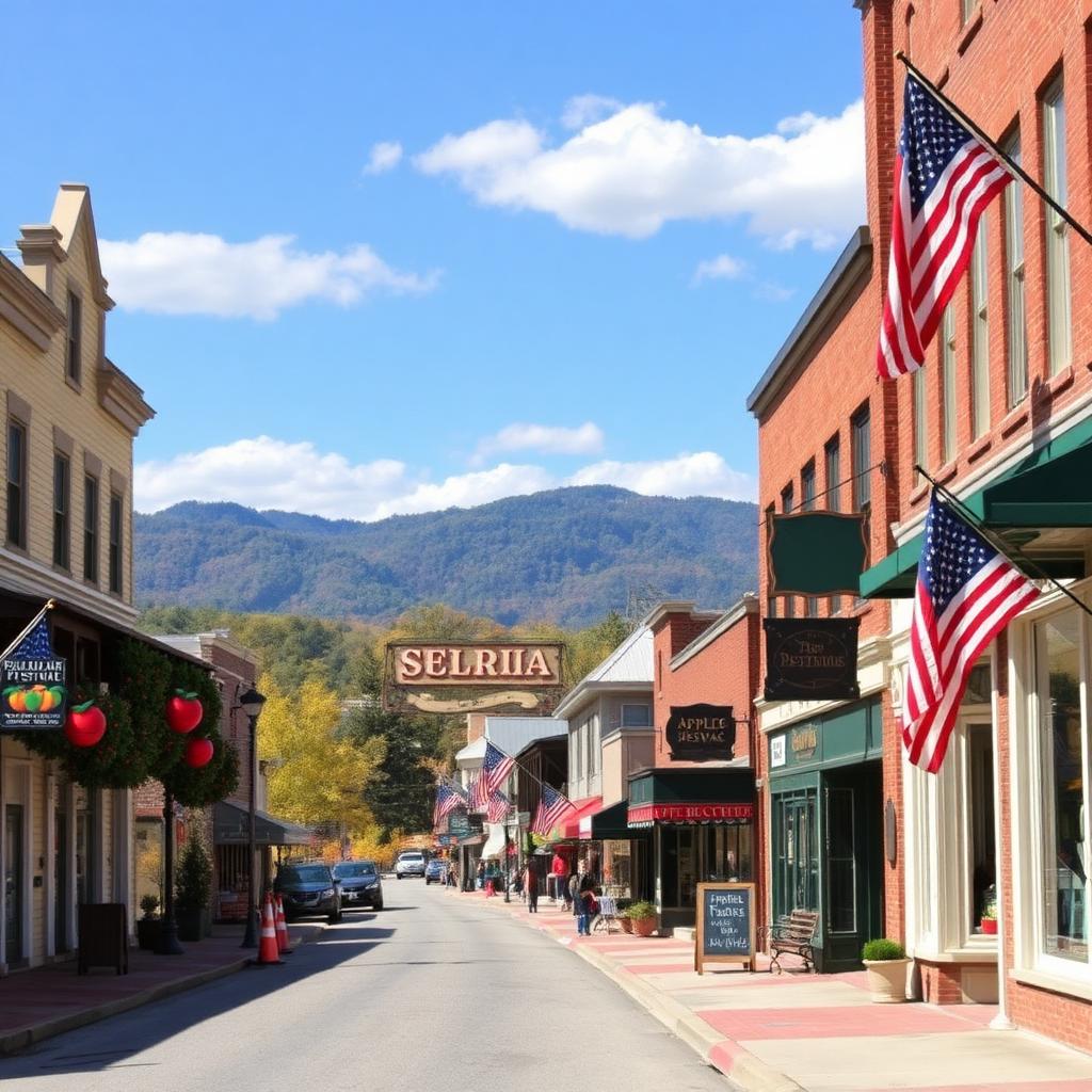 Historic downtown Ellijay, Georgia with mountain backdrop