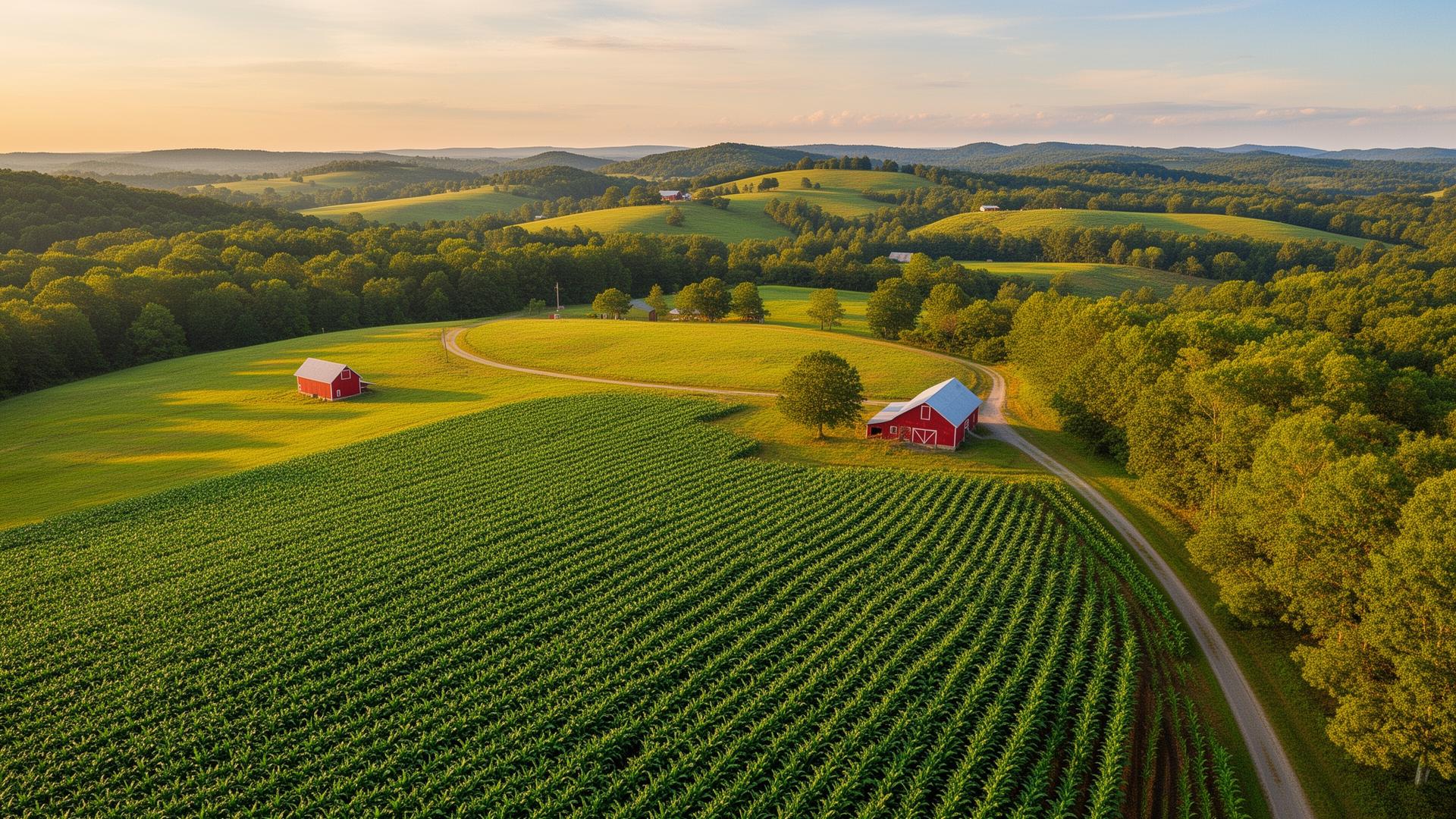 Rolling Piedmont farmland with red barns in Granville County, North Carolina