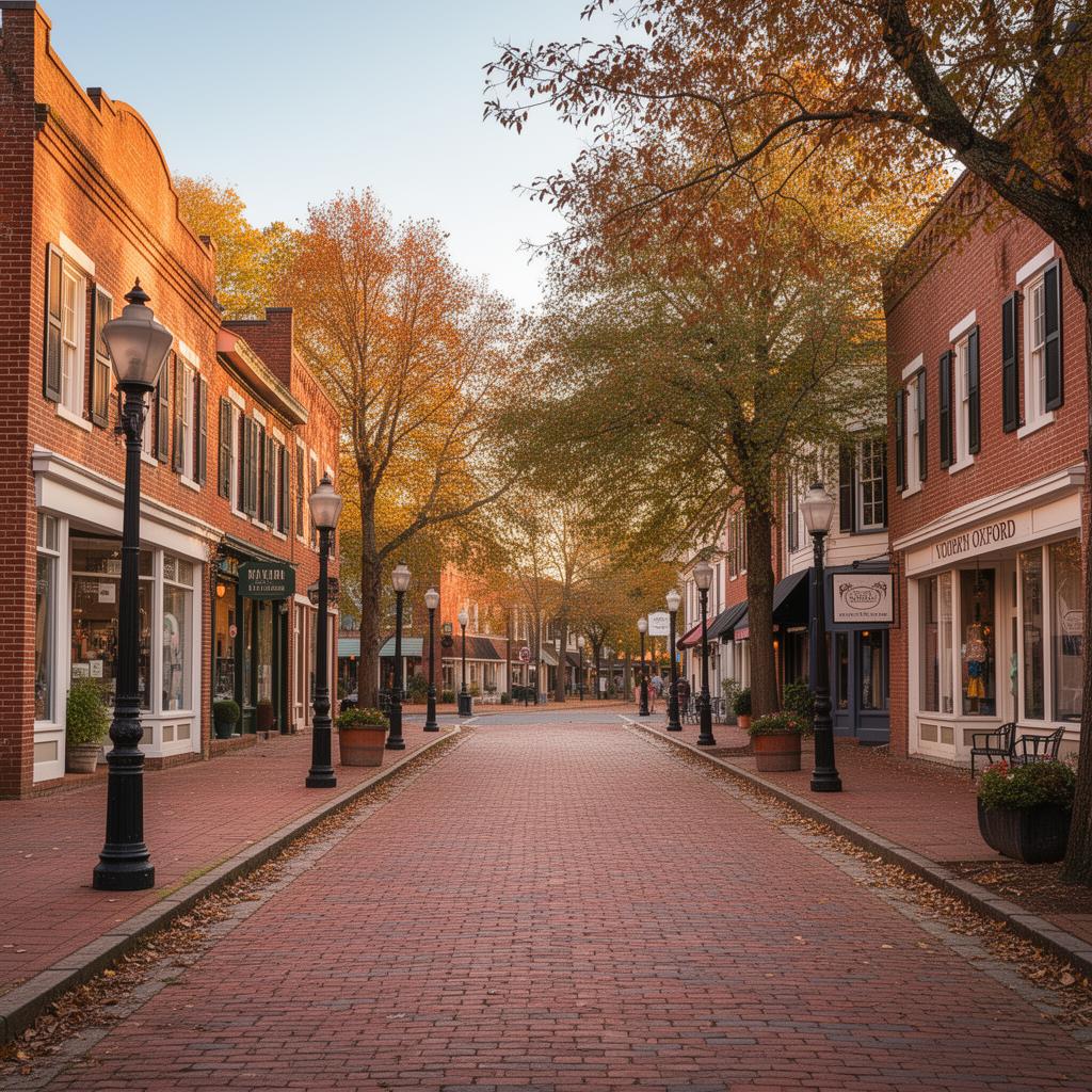 Historic downtown Oxford, North Carolina with brick storefronts