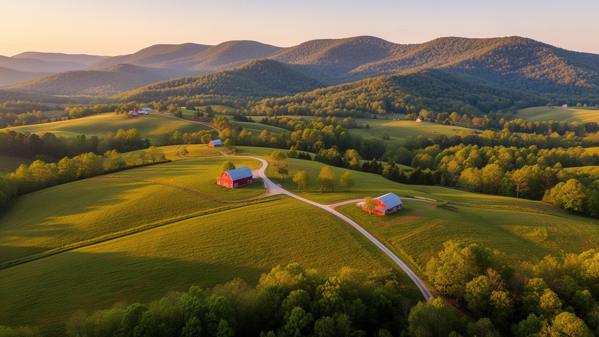Rolling Appalachian foothills farmland in Haralson County, Georgia