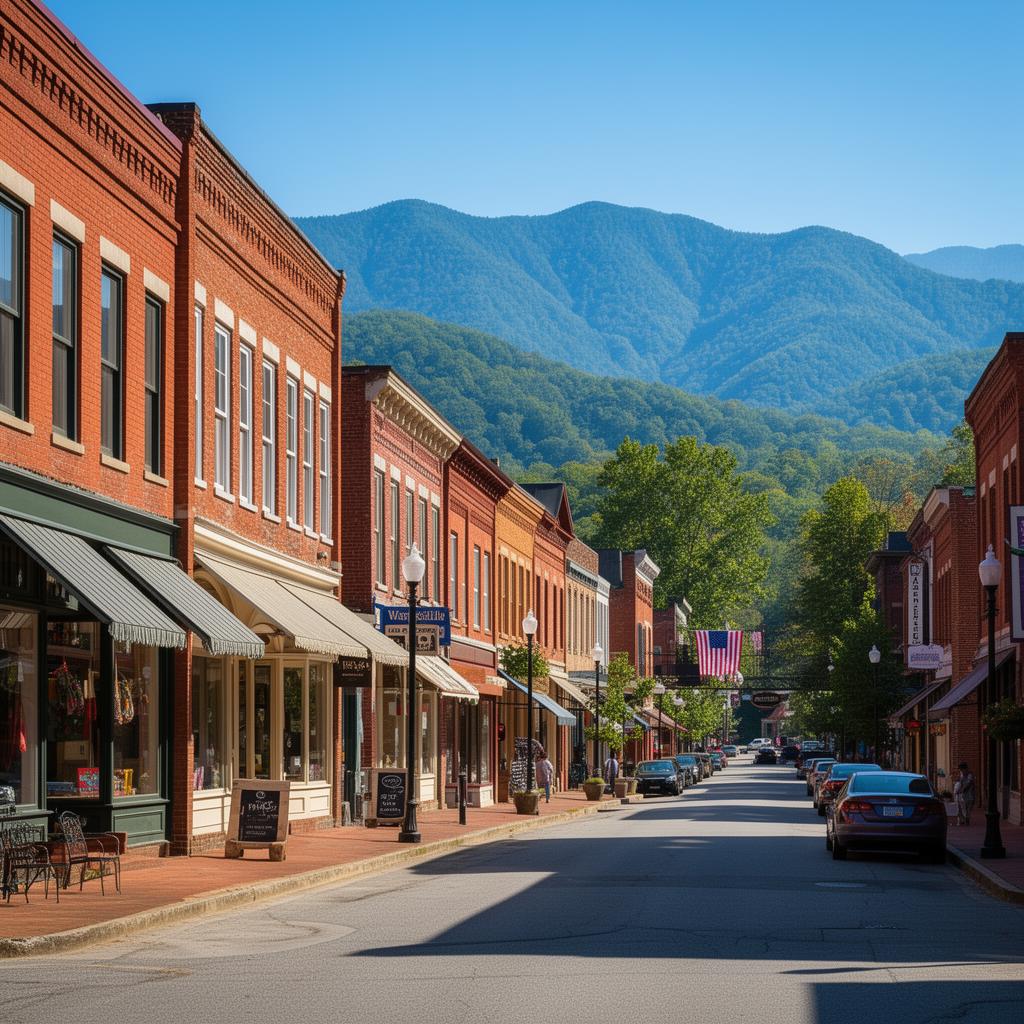 Historic downtown Waynesville North Carolina with mountain backdrop