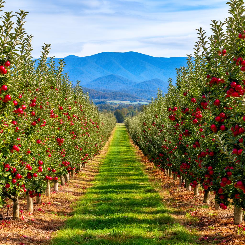 Apple orchard in Henderson County North Carolina with Blue Ridge Mountains