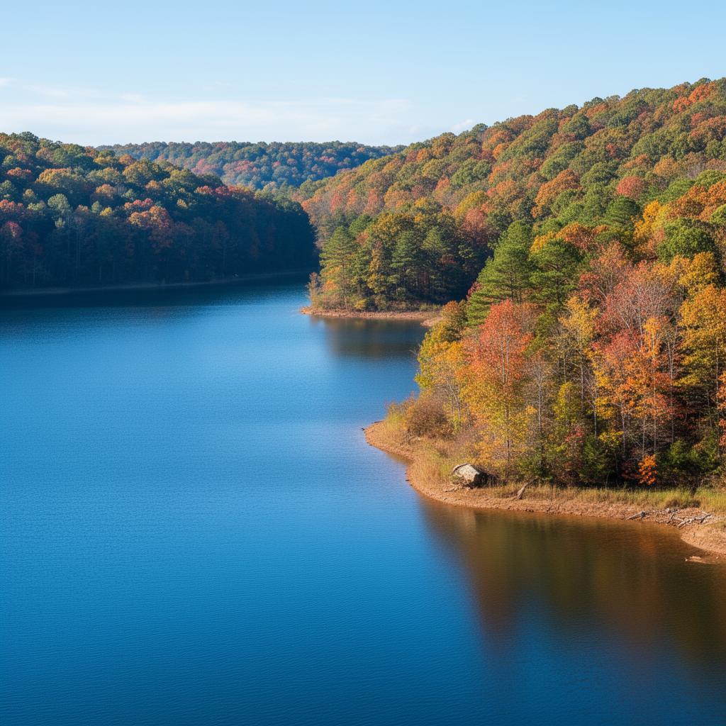 Philpott Lake shoreline with fall foliage in Henry County, Virginia