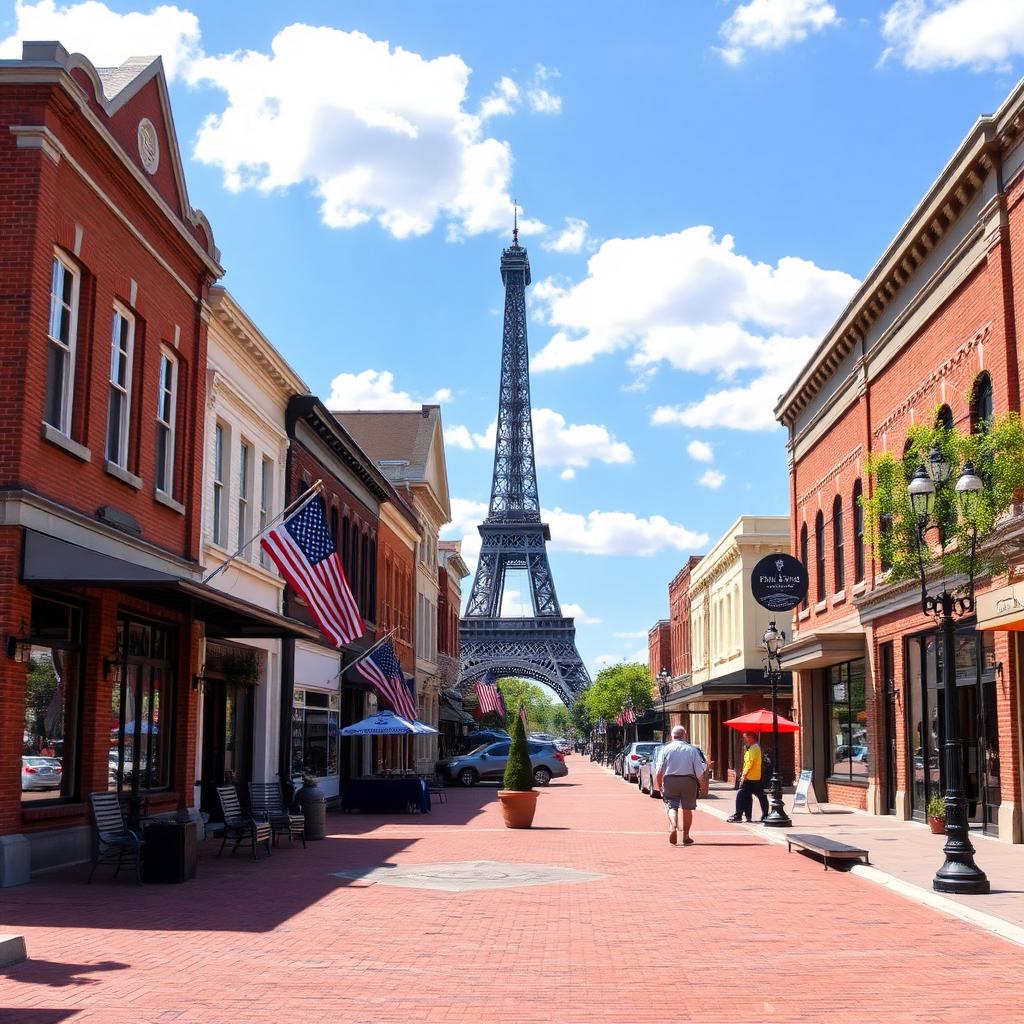 Historic downtown Paris, Tennessee with Eiffel Tower replica
