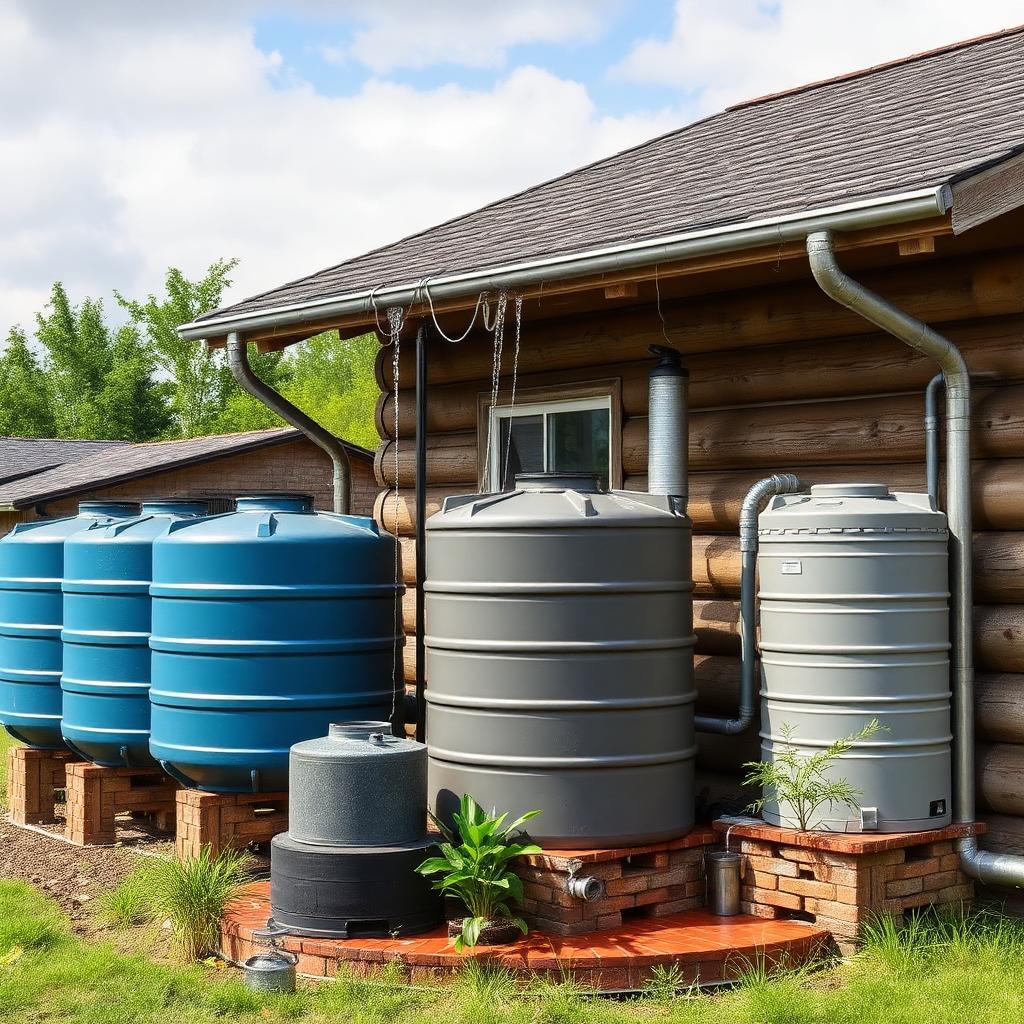 Rainwater harvesting system with collection tanks and filtration on homestead